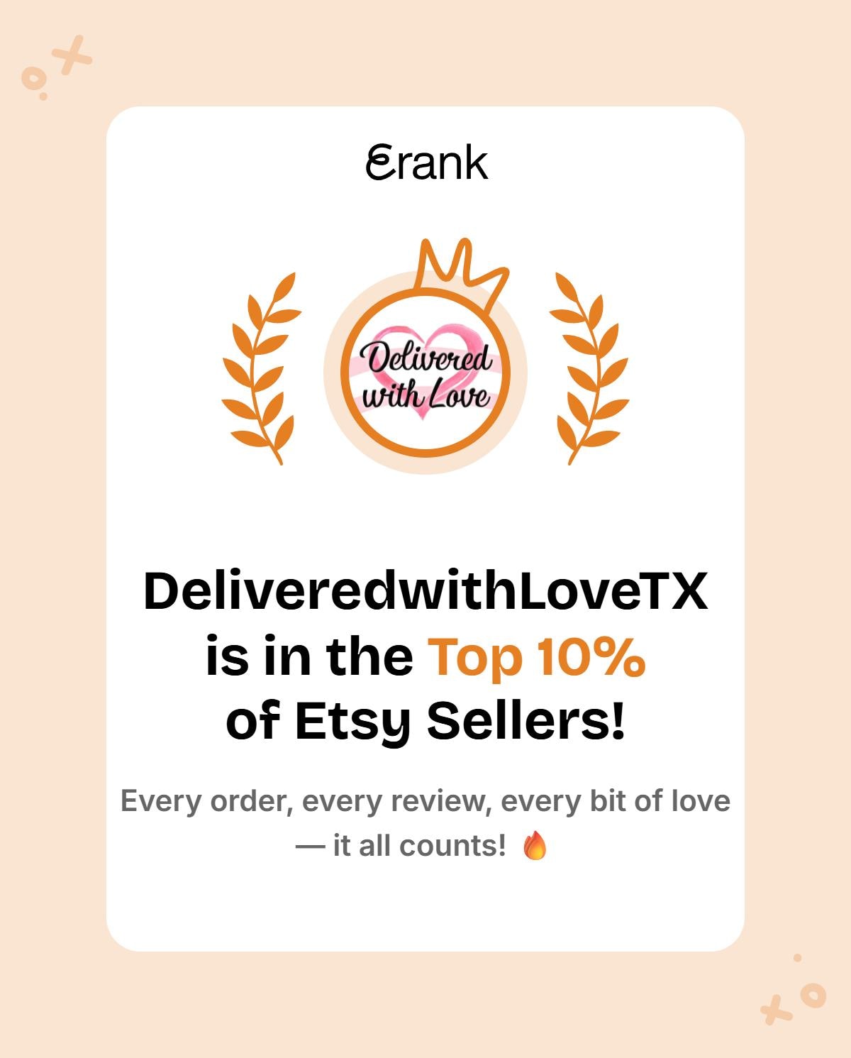 The image is a screenshot of a social media post from the user Erank, which features a logo and text related to an online marketplace called Etsy. The post highlights that DeliveredwithLoveTX is in the top 10% of Etsy sellers, and emphasizes that every order, every review, and every bit of love counts.