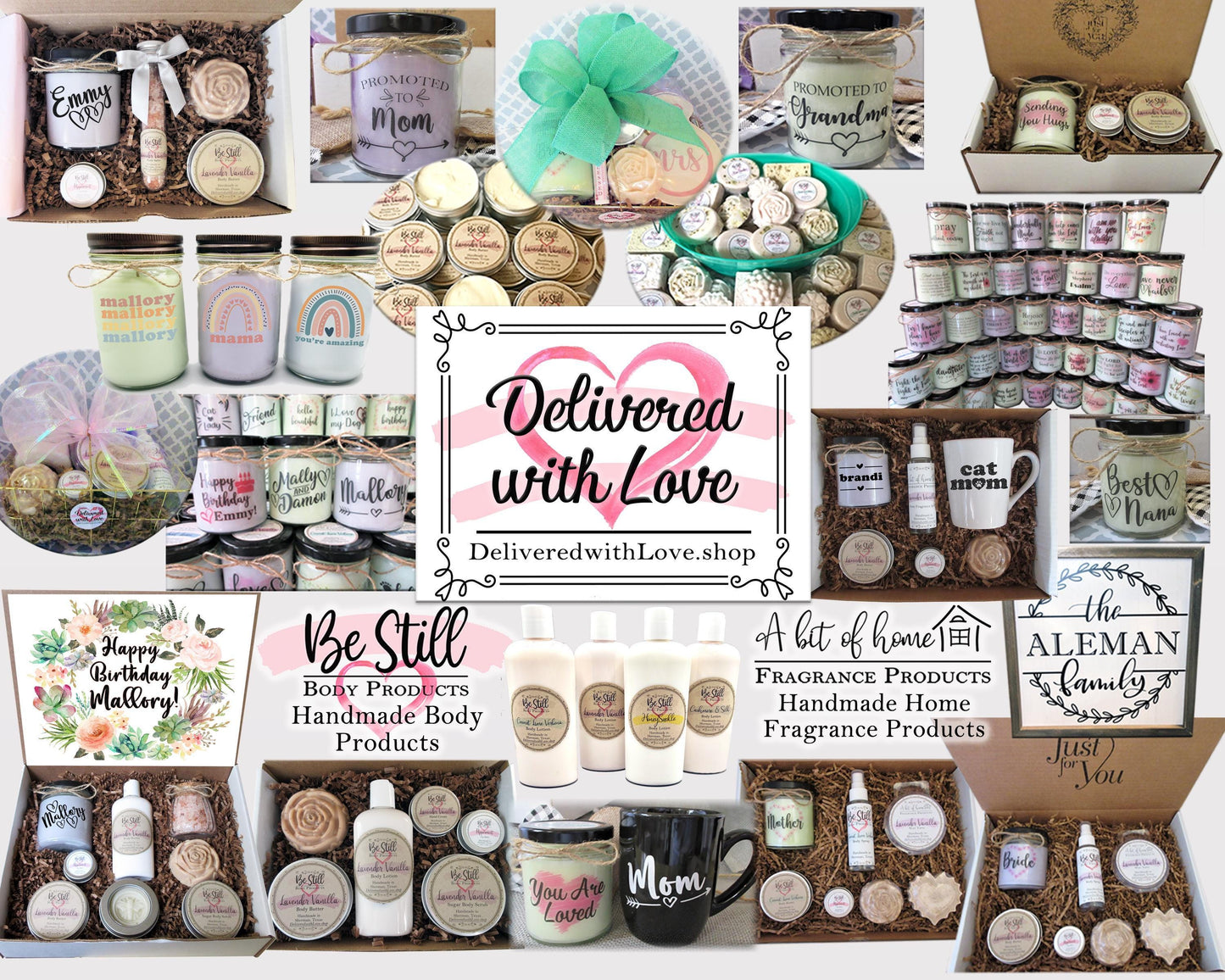 a collage of different items that include jars, candles, and other items