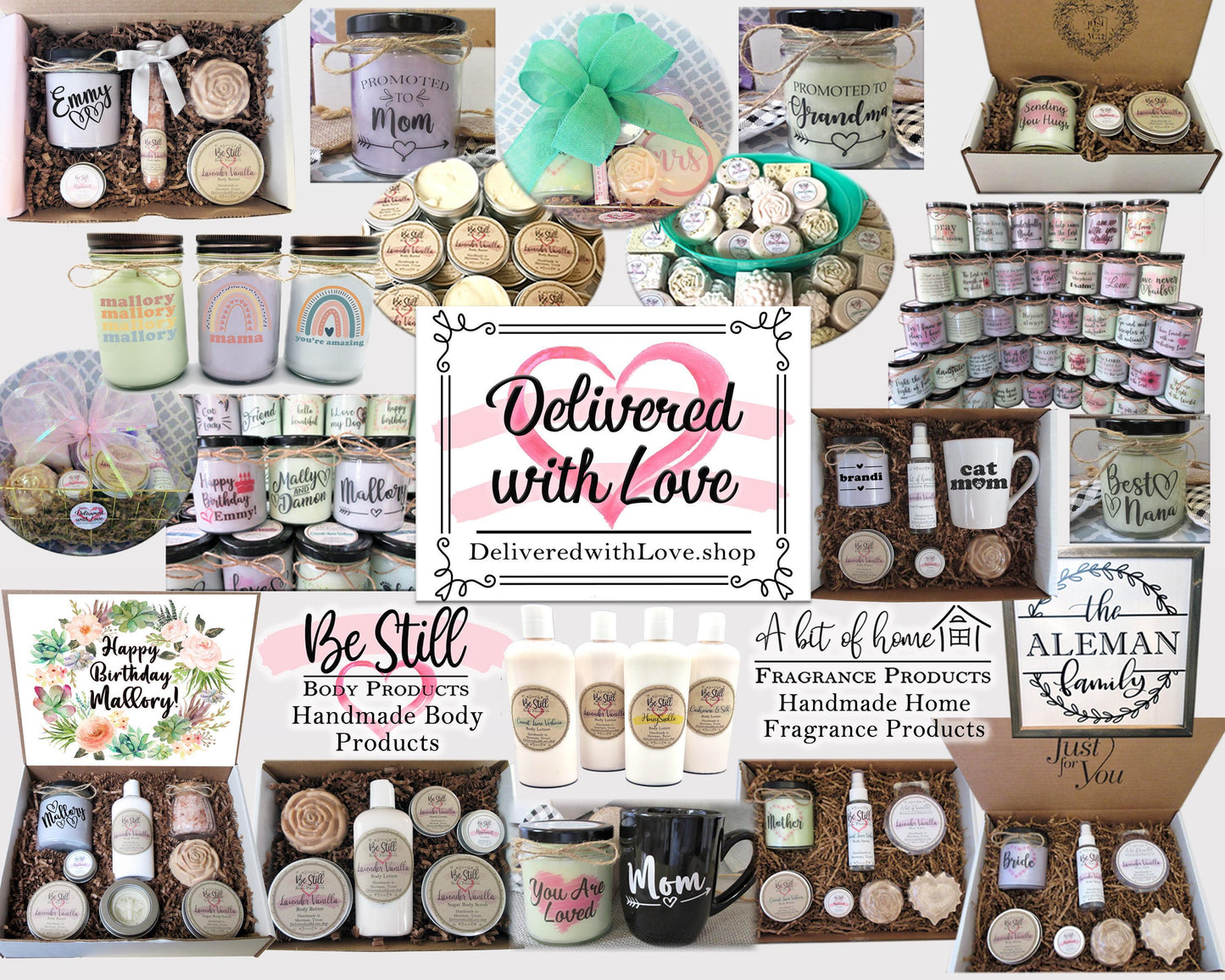 a collage of different items that include jars, candles, and other items