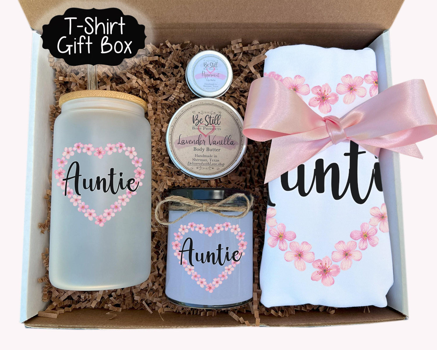 Auntie T-Shirt and Handmade Spa Gift Box - Custom Candle, Custom Glass Can, Spa Items and Custom T-Shirt