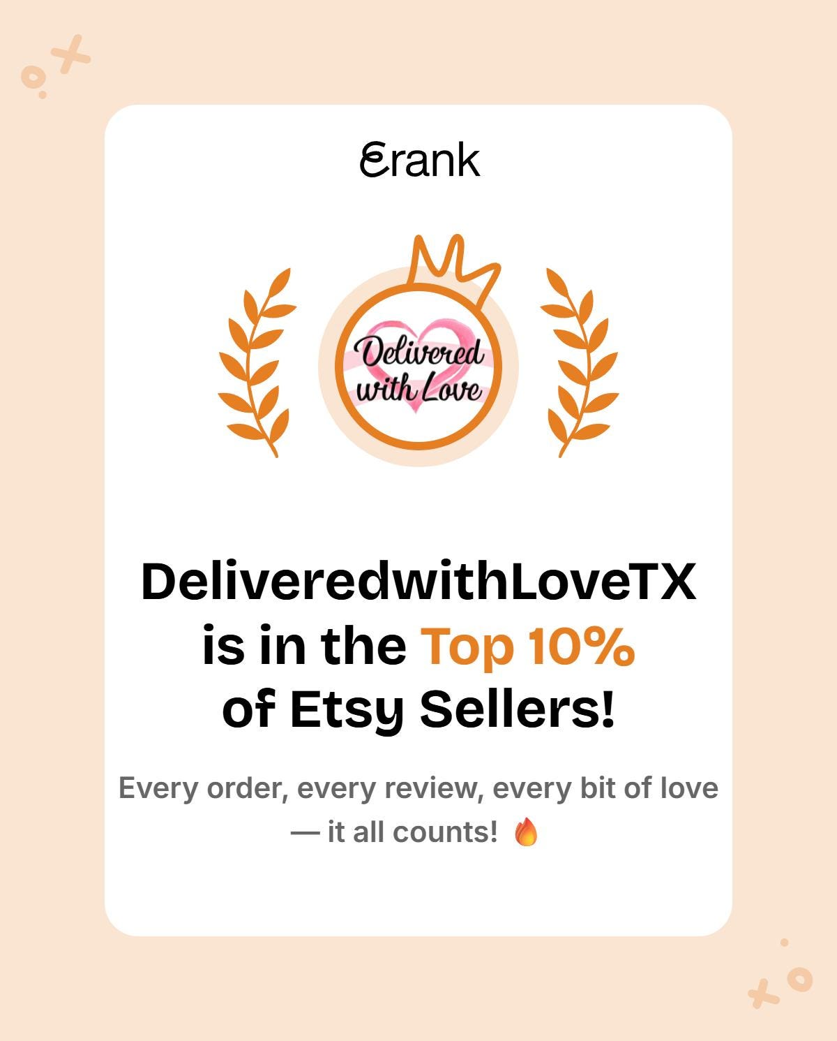 The image is a screenshot of a social media post from the user Erank, which features a logo and text related to an online marketplace called Etsy. The post highlights that DeliveredwithLoveTX is in the top 10% of Etsy sellers, and emphasizes that every order, every review, and every bit of love counts.