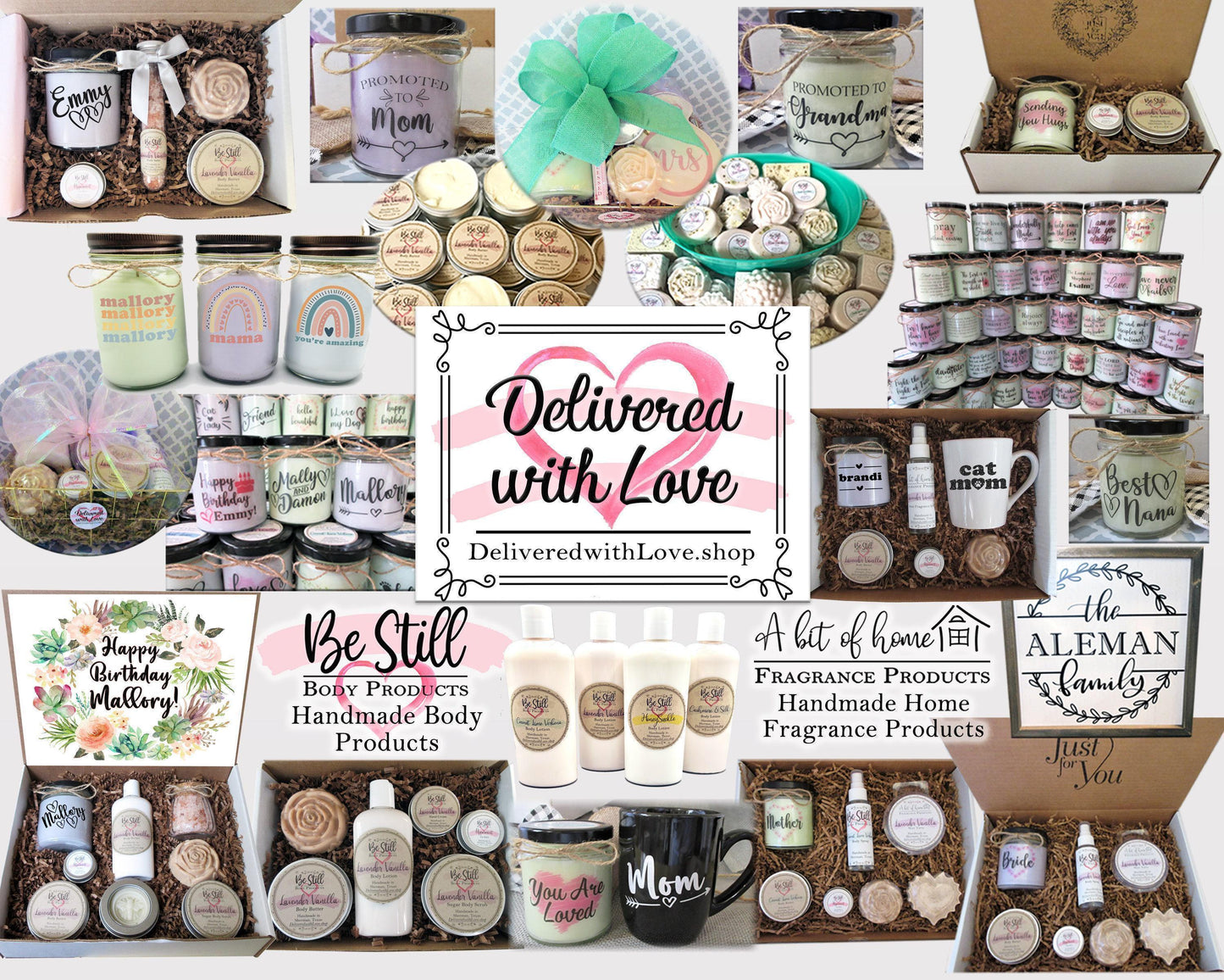 a collage of different items that include jars, candles, and other items