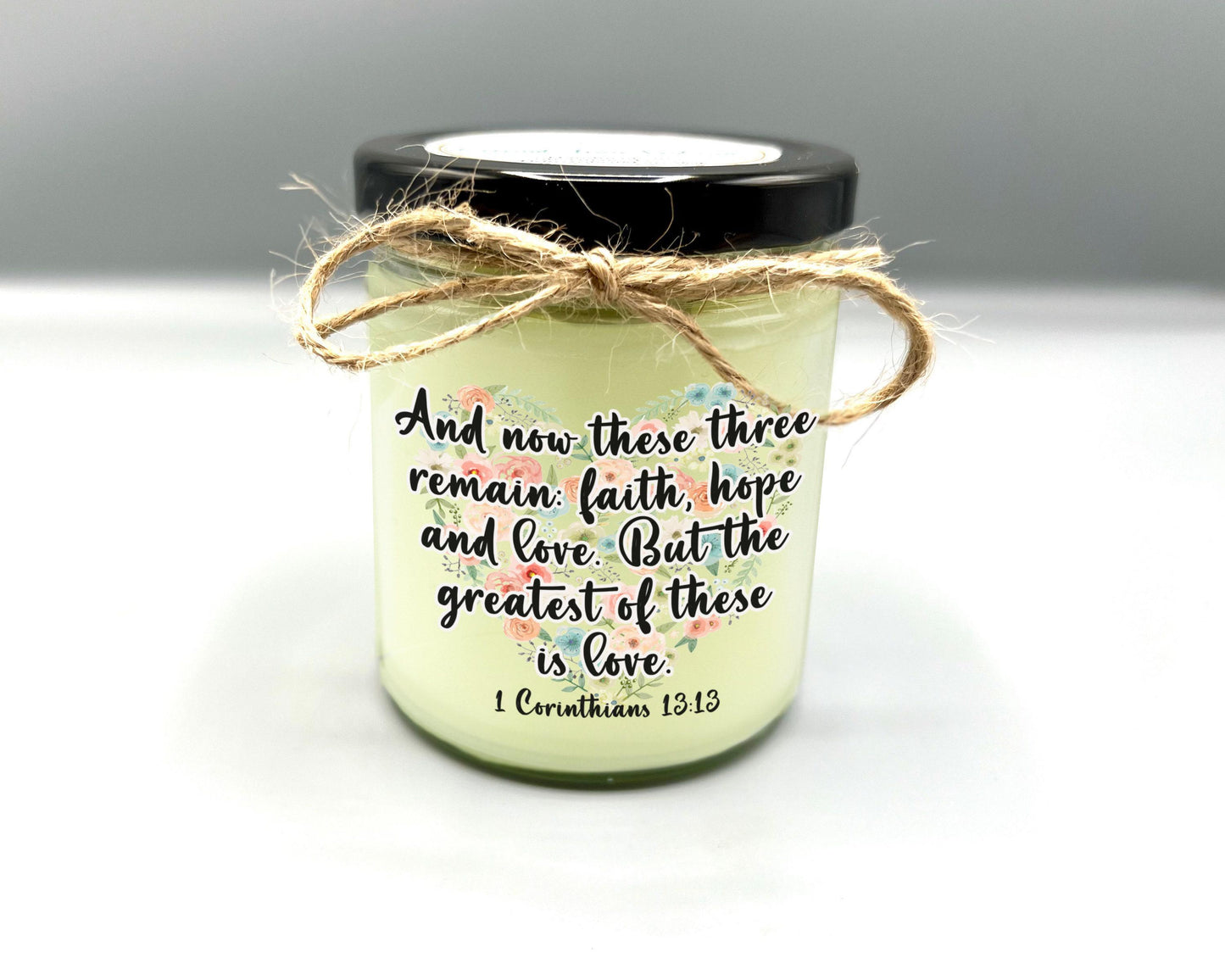 Bible Verse Candle with 1 Corinthians 13:13- The Greatest of These is Love.  This Custom Candle is a Christian Gift or Christian Home Decor.