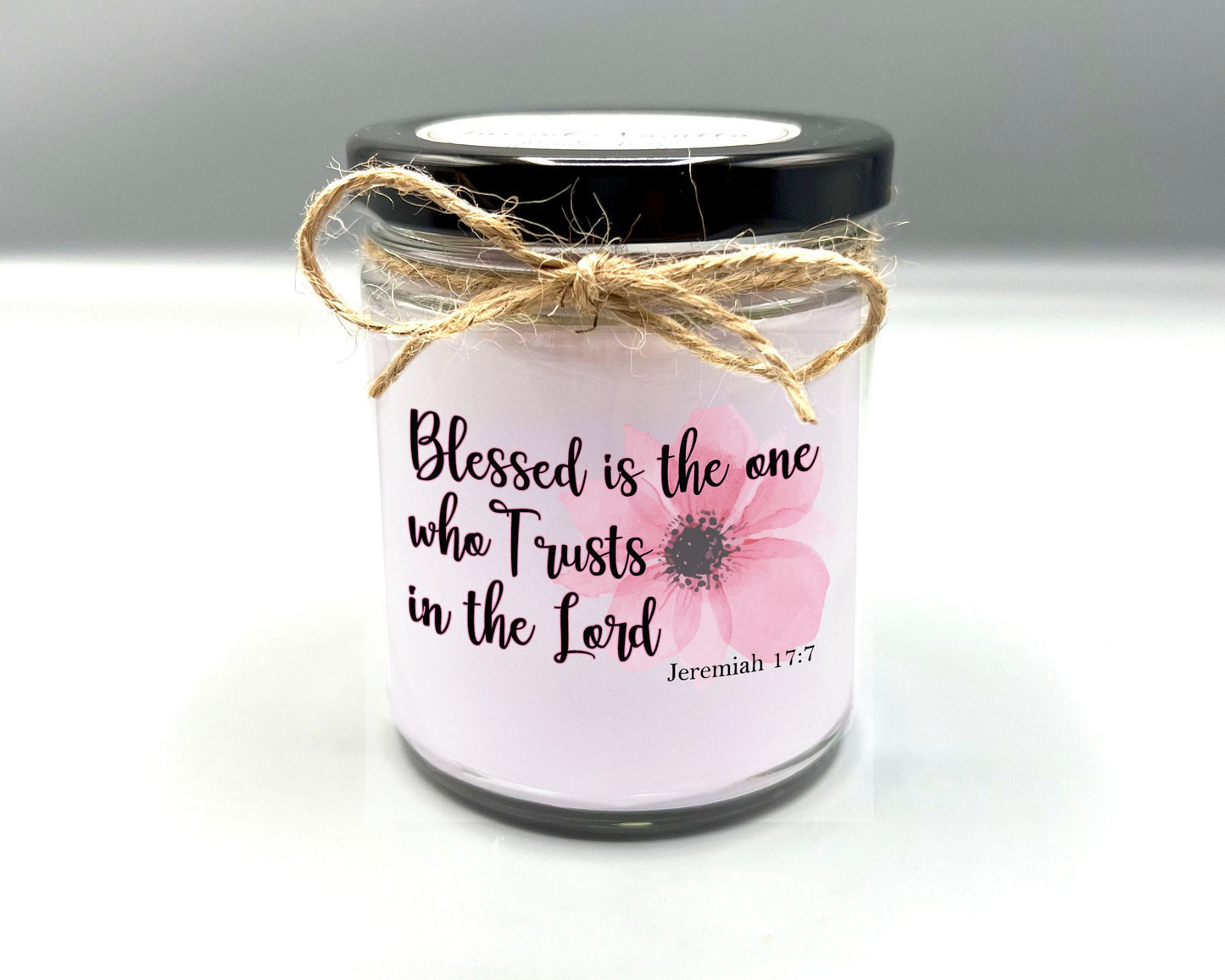 Christian Candle featuring Jeremiah 17:7, Blessed is the One who Trusts in the Lord. This Custom Candle Makes a Great Gift!