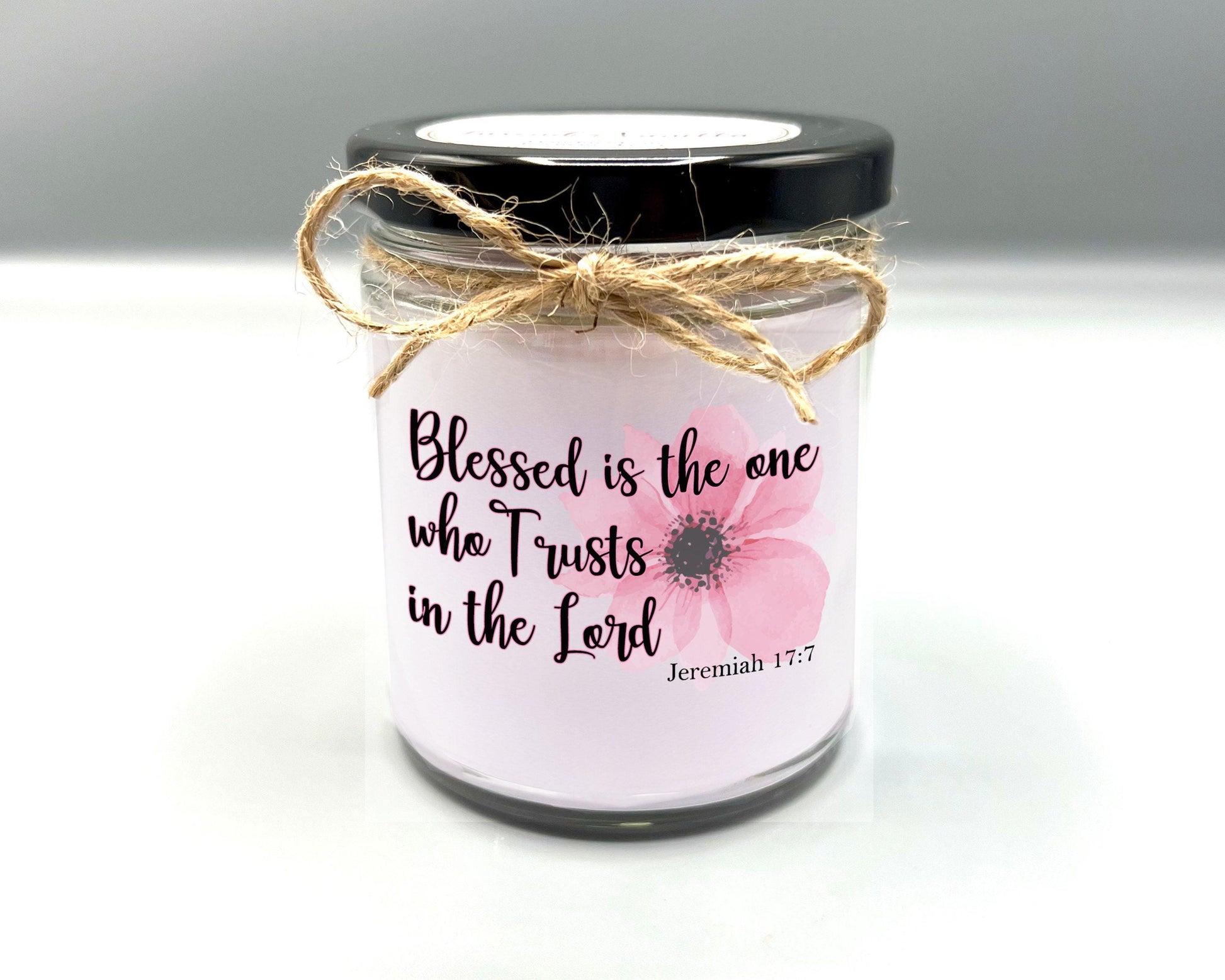 Christian Candle featuring Jeremiah 17:7, Blessed is the One who Trusts in the Lord. This Custom Candle Makes a Great Gift!