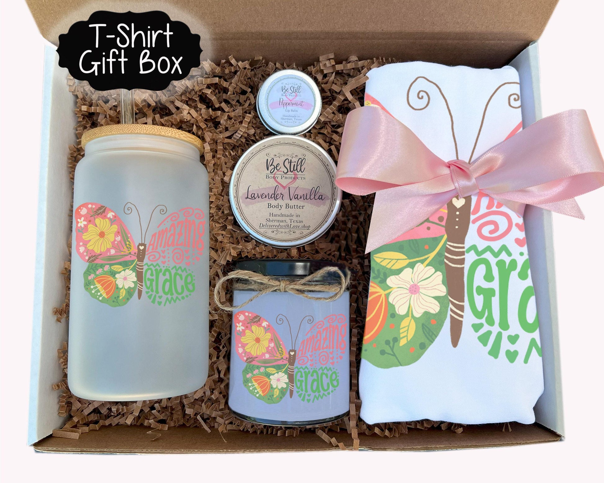 Christian Gift Box - Amazing Grace T-Shirt Box, Candle, T-Shirt, Tumbler, Spa Gift Set,  Care Package
