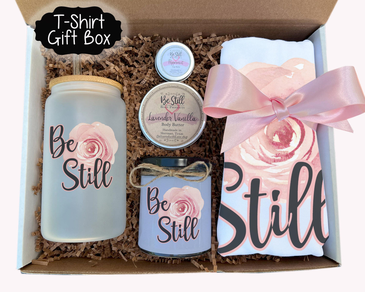 Christian Gift Box - Be Still and Relax with Psalm 46 10 Candle, T-Shirt, Glass Can, Care Package, Handmade Spa Items