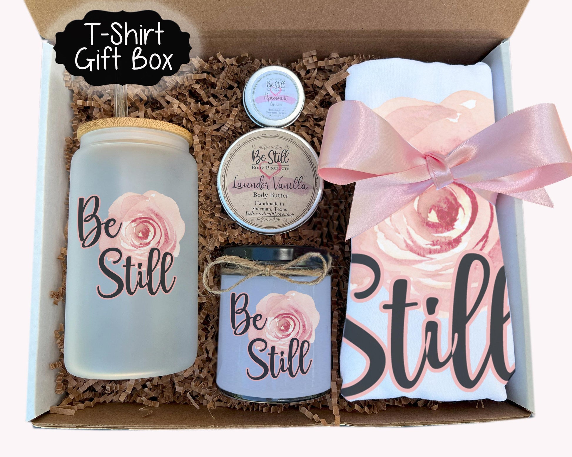 Christian Gift Box - Be Still and Relax with Psalm 46 10 Candle, T-Shirt, Glass Can, Care Package, Handmade Spa Items