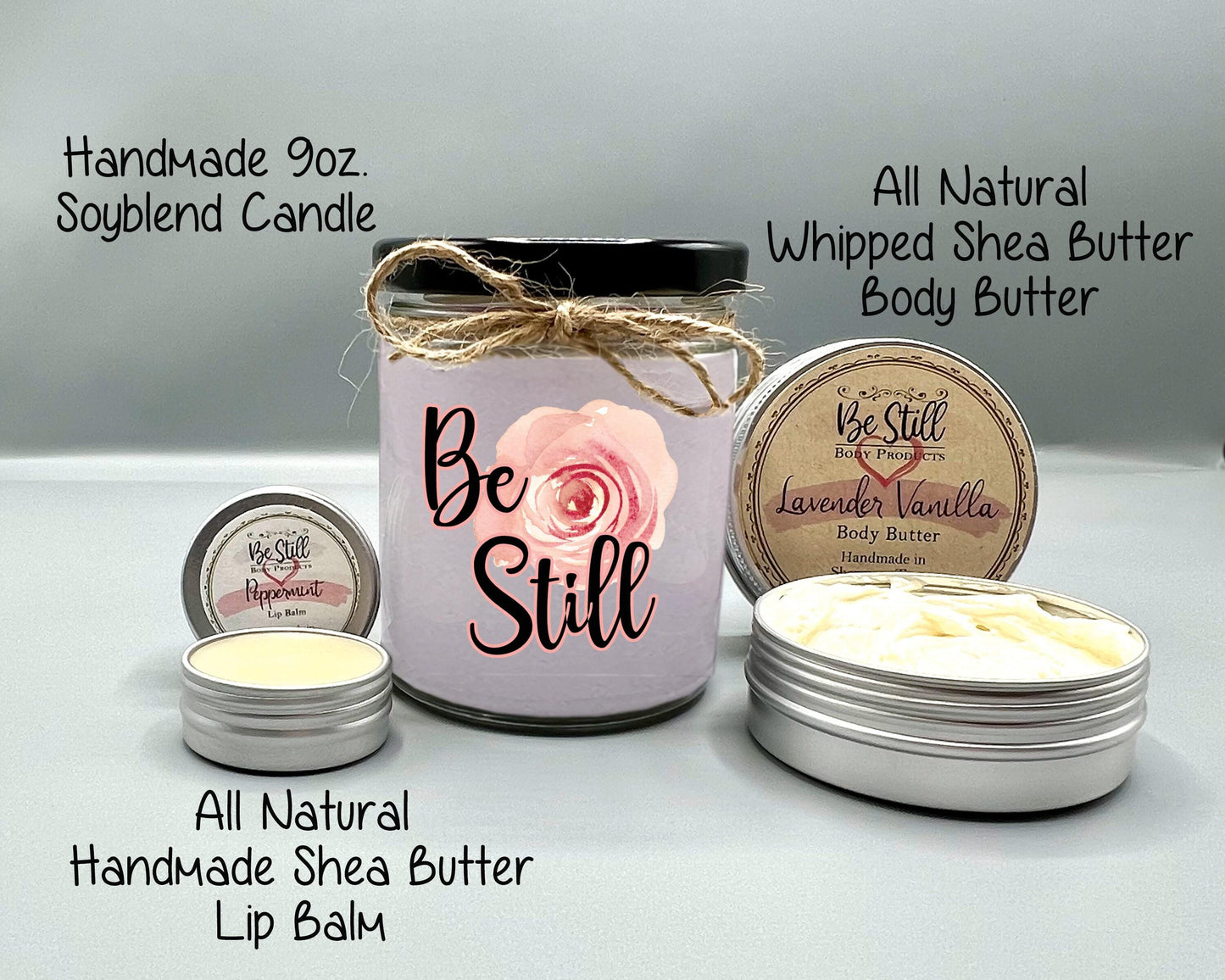 Christian Gift Box - Be Still and Relax with Psalm 46 10 Candle, T-Shirt, Glass Can, Care Package, Handmade Spa Items