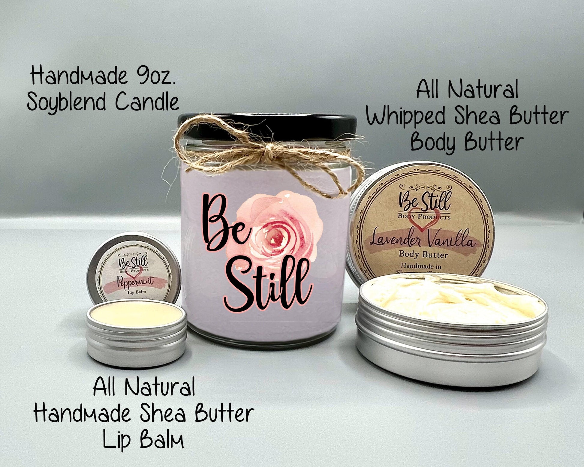 Christian Gift Box - Be Still and Relax with Psalm 46 10 Candle, T-Shirt, Glass Can, Care Package, Handmade Spa Items
