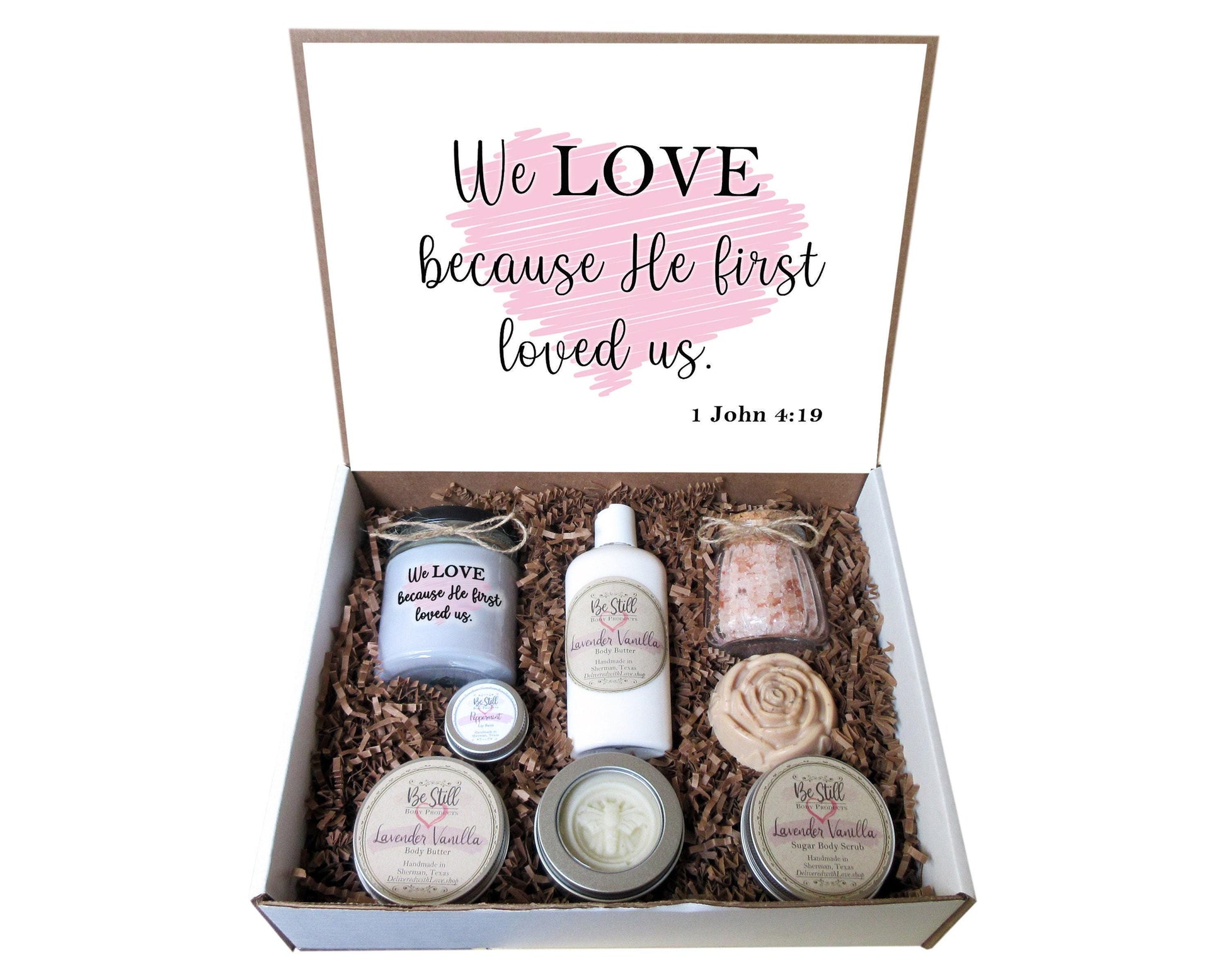 Christian Gifts | 1 John 4:19 | Spa Gift Box | Self Care Gift Box | Personalized Gift Box | Valentine's Gift | Christian Gift for Her