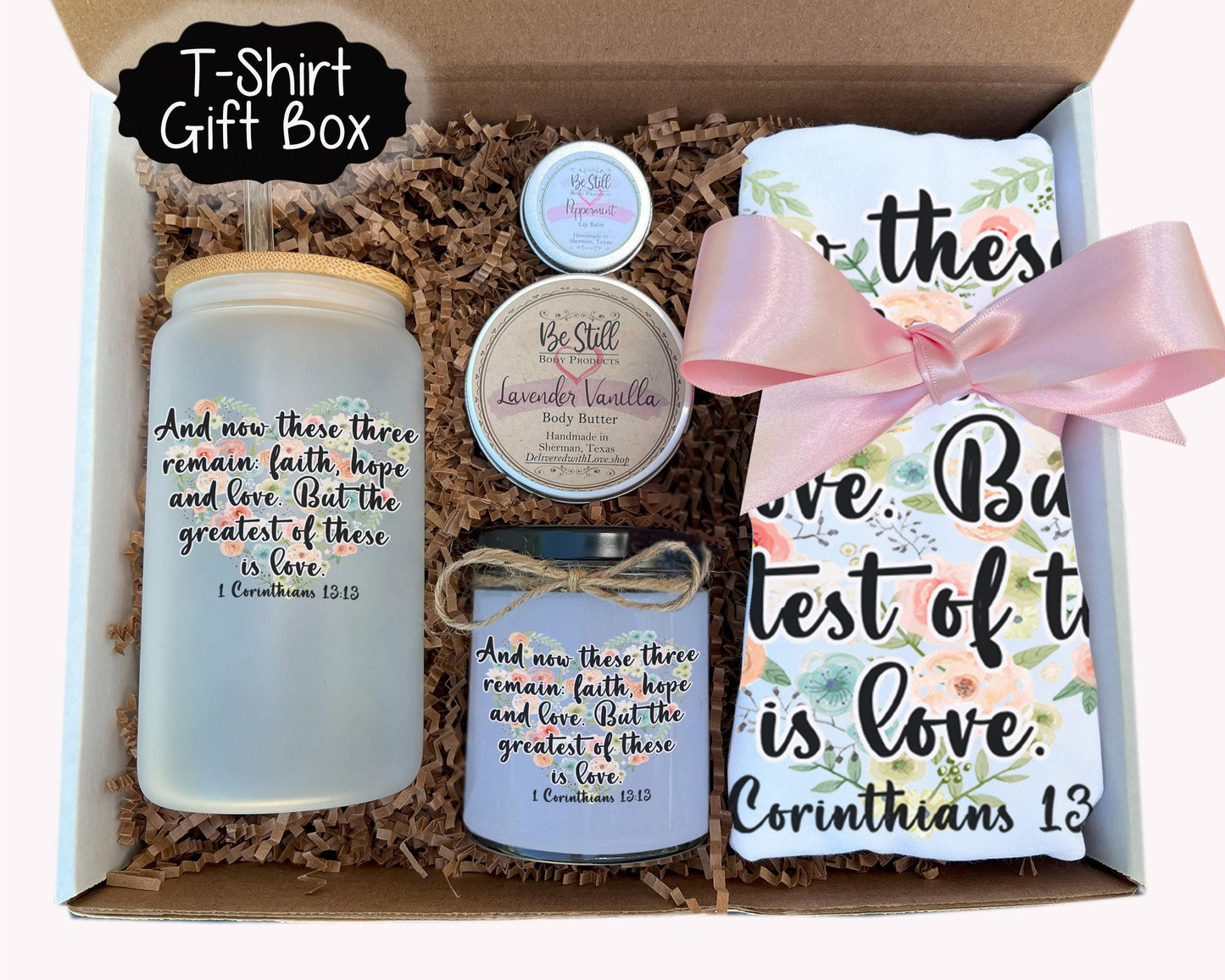 Christian T-Shirt Gift Box,  1 Corinthians 13 13,  Love Theme,  Custom Candle, Christian T-Shirt, Christian Glass Can,  Spa Set
