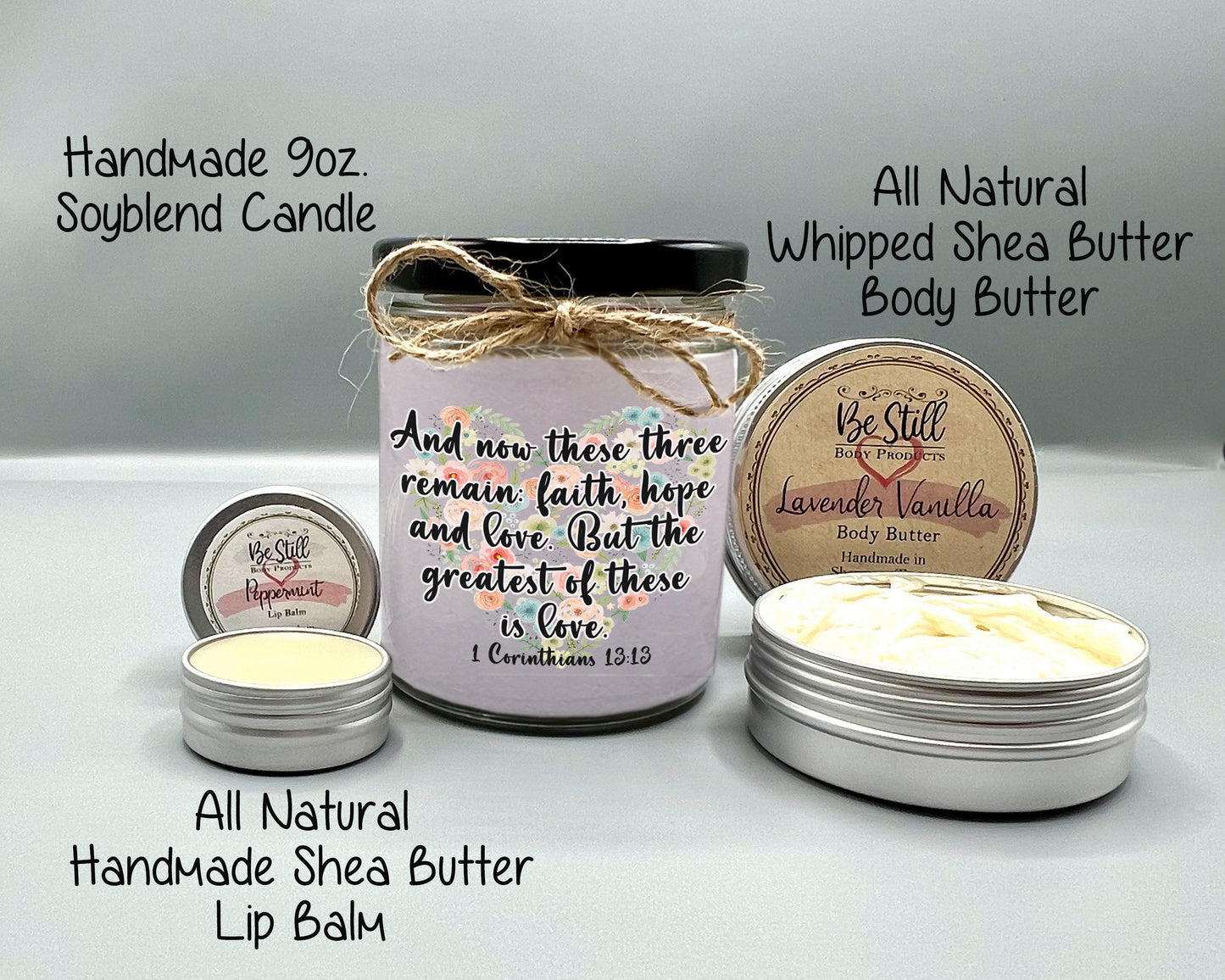 Christian T-Shirt Gift Box,  1 Corinthians 13 13,  Love Theme,  Custom Candle, Christian T-Shirt, Christian Glass Can,  Spa Set