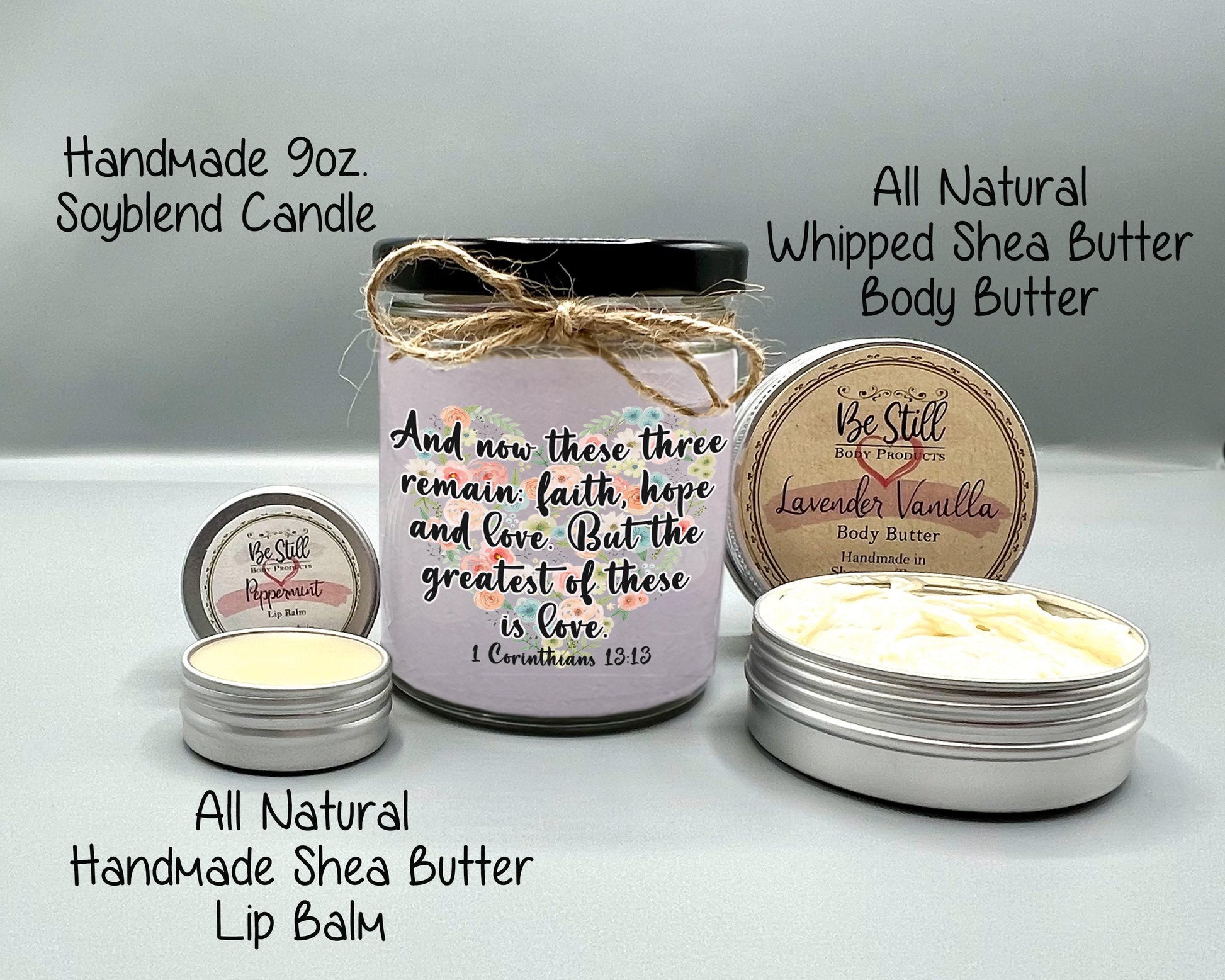 Christian T-Shirt Gift Box,  1 Corinthians 13 13,  Love Theme,  Custom Candle, Christian T-Shirt, Christian Glass Can,  Spa Set