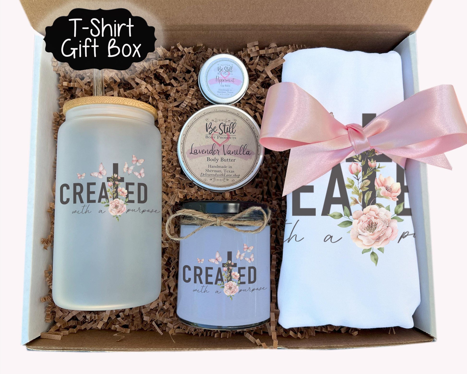 Christian T-Shirt Gift Box- Created with a Purpose,  Candle, T-Shirt, Tumbler, Spa Items,  Handmade Care Package