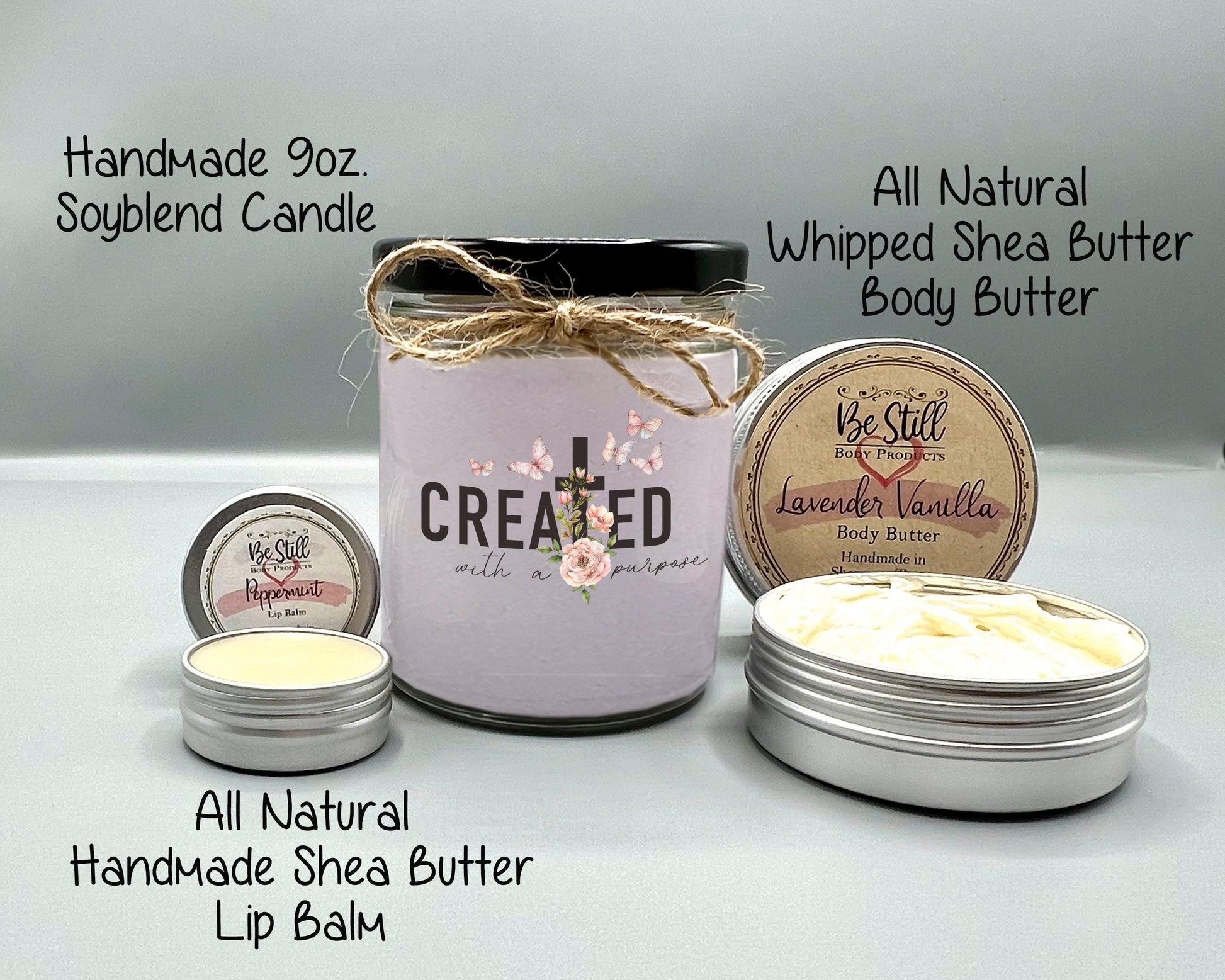 Christian T-Shirt Gift Box- Created with a Purpose,  Candle, T-Shirt, Tumbler, Spa Items,  Handmade Care Package