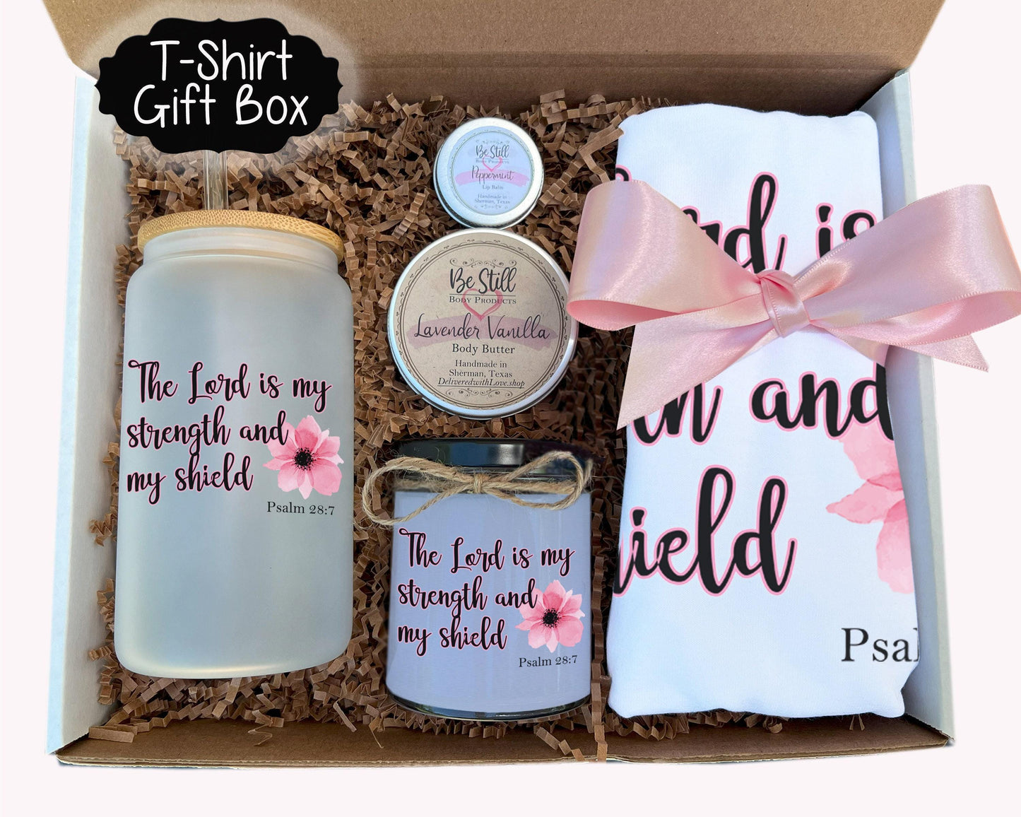 Christian T-Shirt Gift Box - Customized Candle, T-Shirt and Tumbler Set with Psalm 28:7, The Lord is my Strength and Shield
