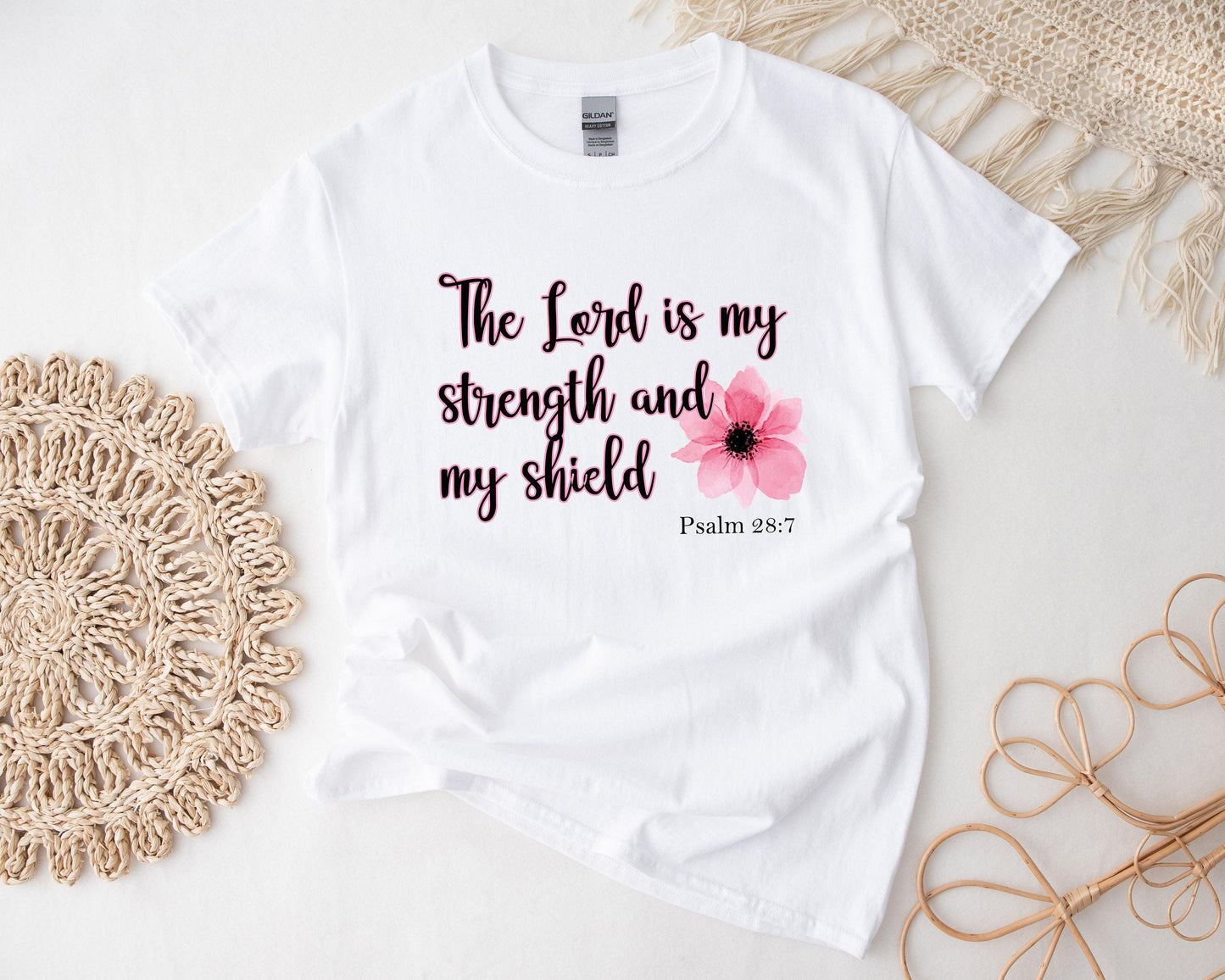 Christian T-Shirt Gift Box - Customized Candle, T-Shirt and Tumbler Set with Psalm 28:7, The Lord is my Strength and Shield