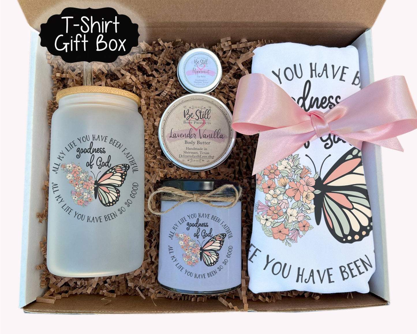 Christian T-Shirt Gift Box - Goodness of God - Candle, T-Shirt, Tumbler, Spa Items, Care Package,  Spa Set