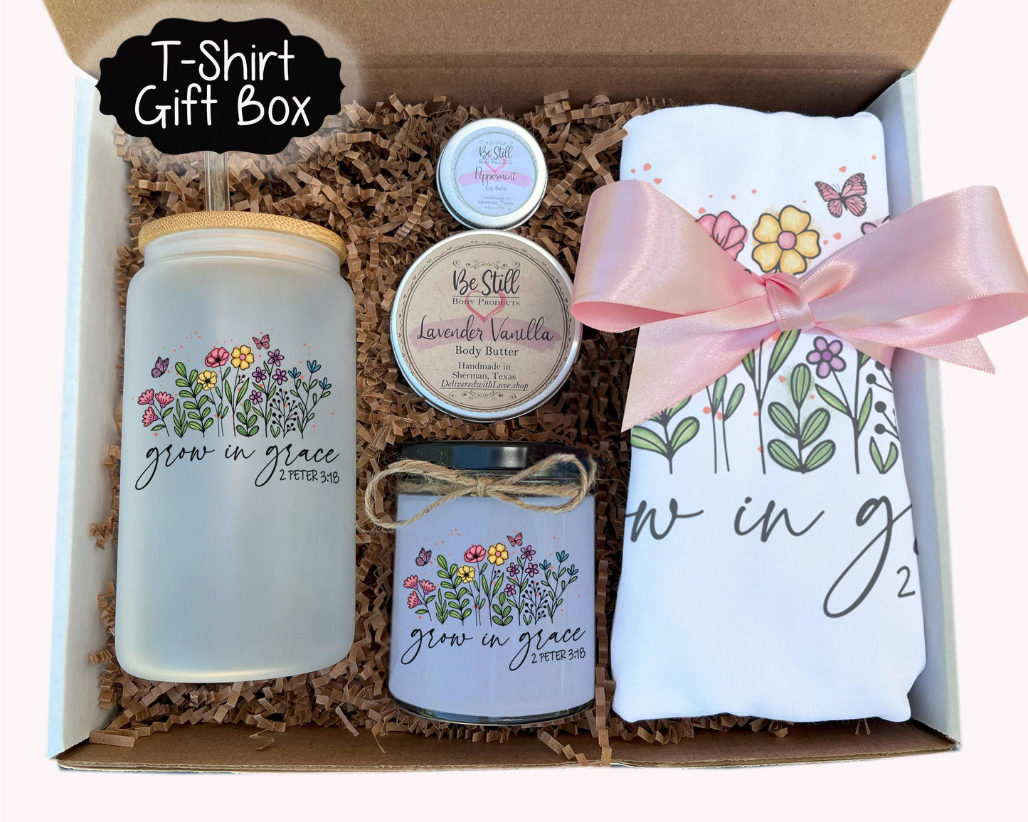 Christian T-Shirt Gift Box - Grow in Grace,  2 Peter 3 18,  T-Shirt, Tumbler, Candle, Spa Items, Care Package for Her