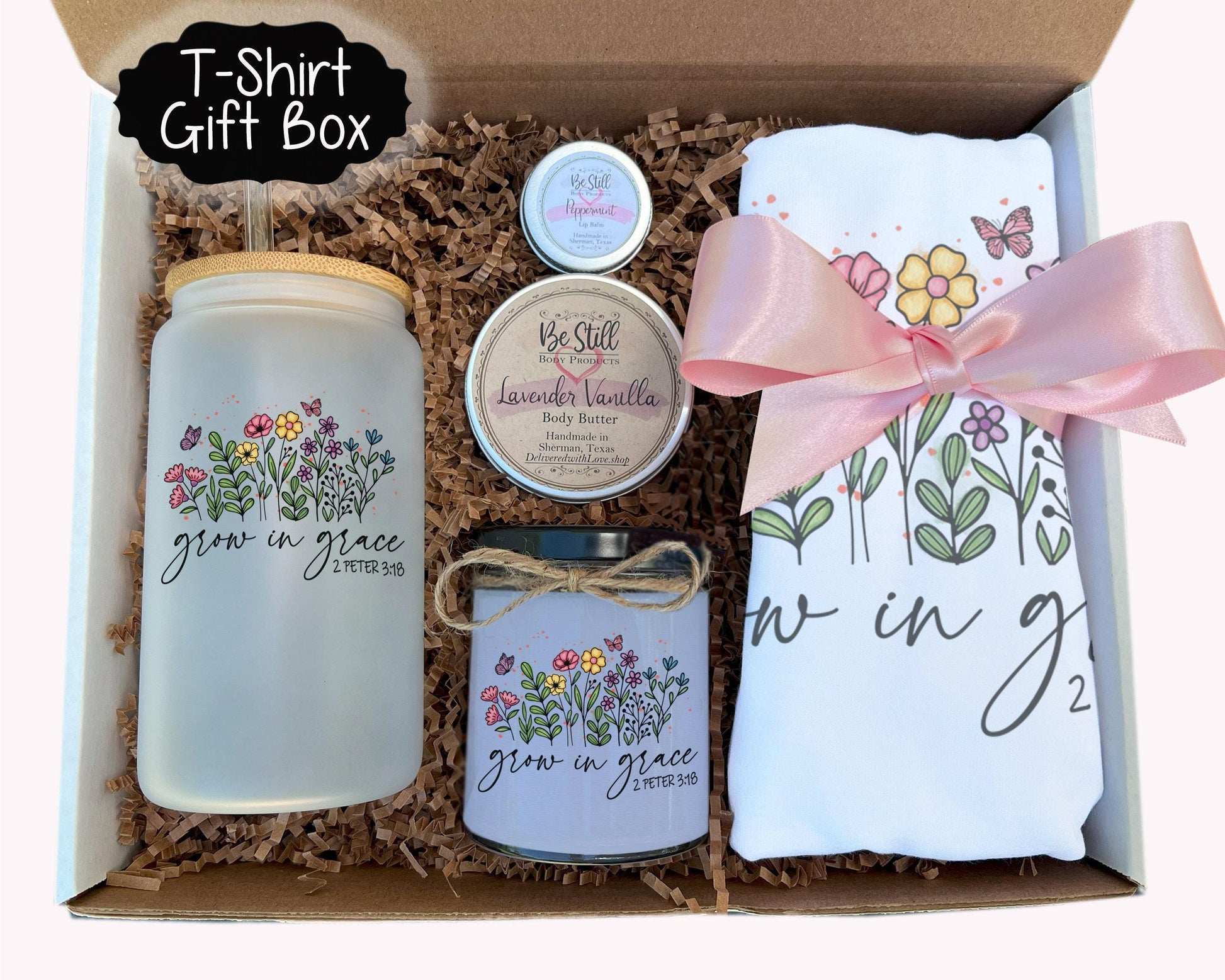 Christian T-Shirt Gift Box - Grow in Grace,  2 Peter 3 18,  T-Shirt, Tumbler, Candle, Spa Items, Care Package for Her