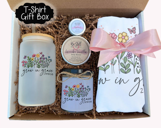 Christian T-Shirt Gift Box - Grow in Grace,  2 Peter 3 18,  T-Shirt, Tumbler, Candle, Spa Items, Care Package for Her