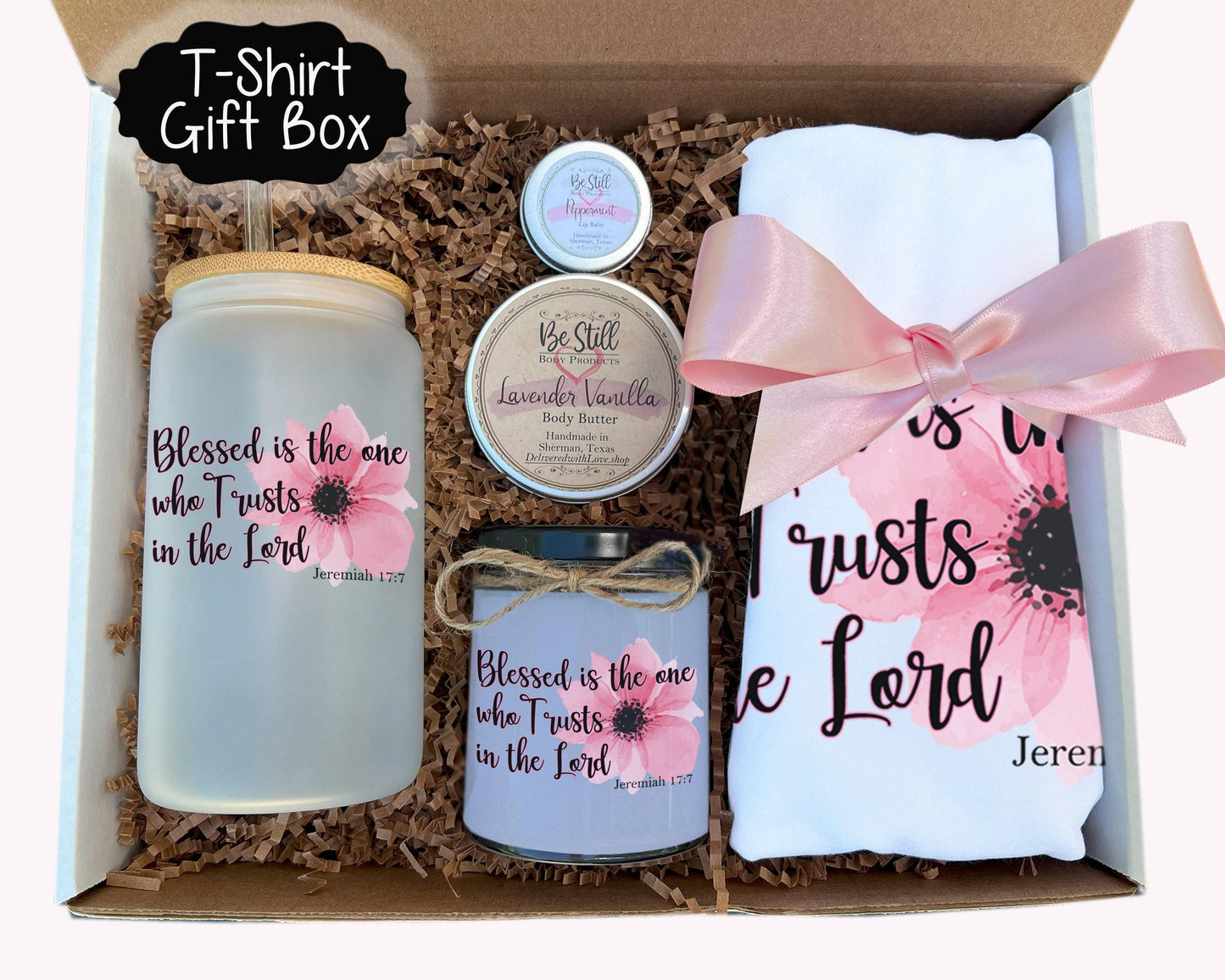 Christian T-Shirt Gift Box - Jeremiah 17 7,  Candle, T-Shirt, Tumbler, Spa Items,  Care Package for Her