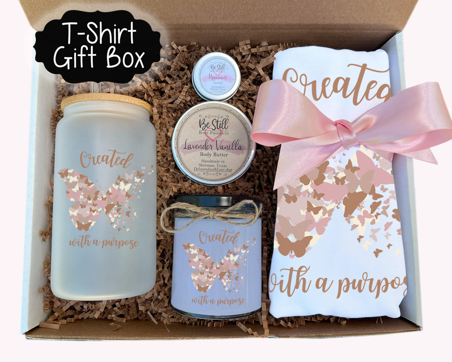 Christian T-Shirt Gift Box - Personalized T-Shirt, Glass Can, Spa Gift - Created with a Purpose - For You or a Special Gift