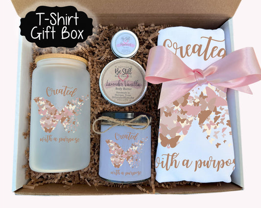 Christian T-Shirt Gift Box - Personalized T-Shirt, Glass Can, Spa Gift - Created with a Purpose - For You or a Special Gift