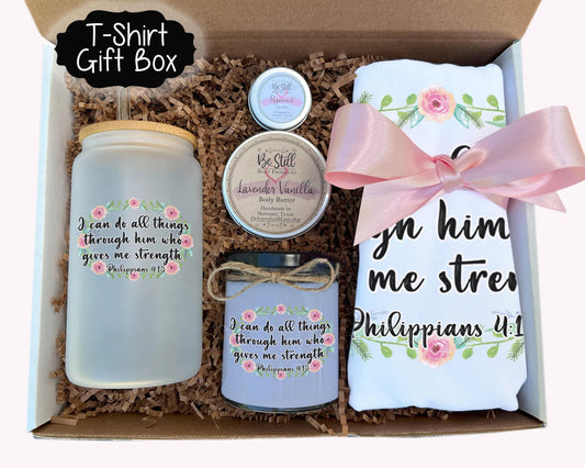 Christian T-Shirt Gift Box-  Philippians 4 13,  Custom Candle, T-Shirt, Tumbler,  Care Package, Spa Box