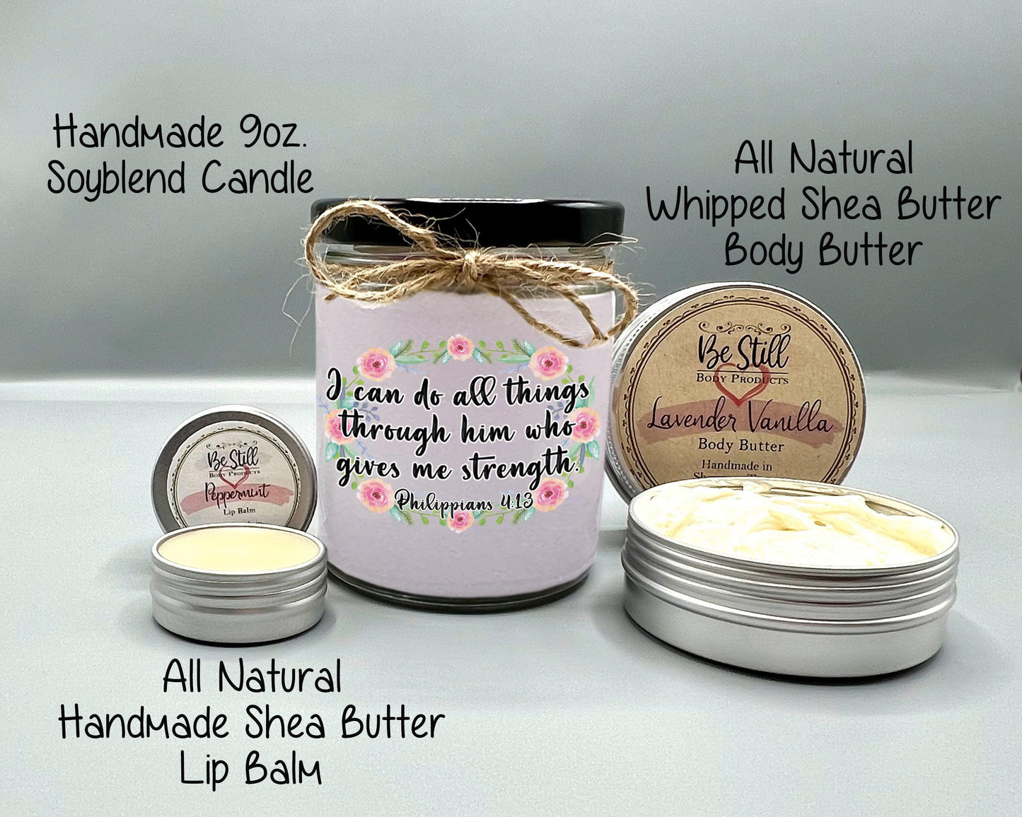 Christian T-Shirt Gift Box-  Philippians 4 13,  Custom Candle, T-Shirt, Tumbler,  Care Package, Spa Box