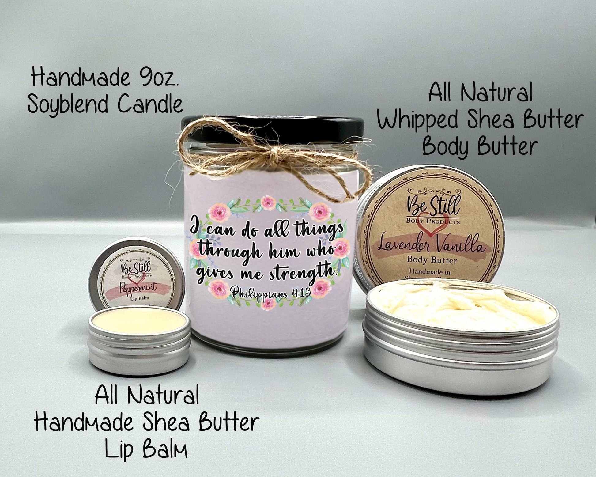 Christian T-Shirt Gift Box-  Philippians 4 13,  Custom Candle, T-Shirt, Tumbler,  Care Package, Spa Box