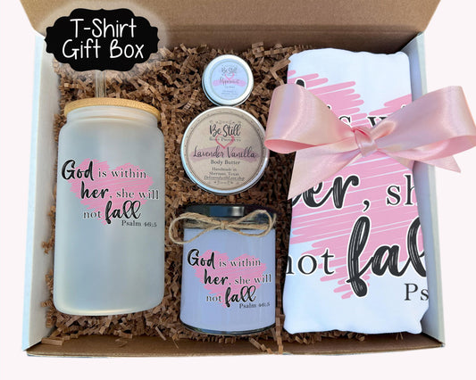 Christian T-Shirt Gift Box - Psalm 46 5, God is Within Her, She will Not Fall - Candle, T-Shirt, Tumbler, Spa Care Package