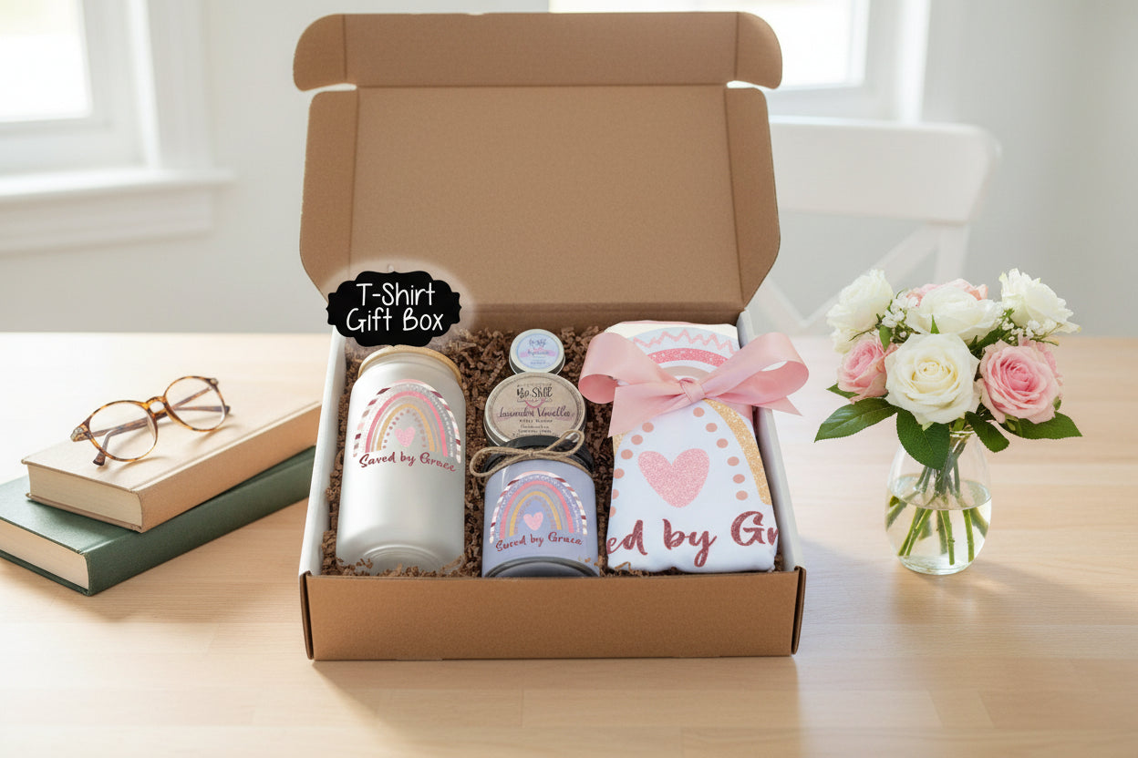 Christian T-Shirt Gift Box - Saved by Grace Candle, T-Shirt, Glass Can, and Handmade Spa Items