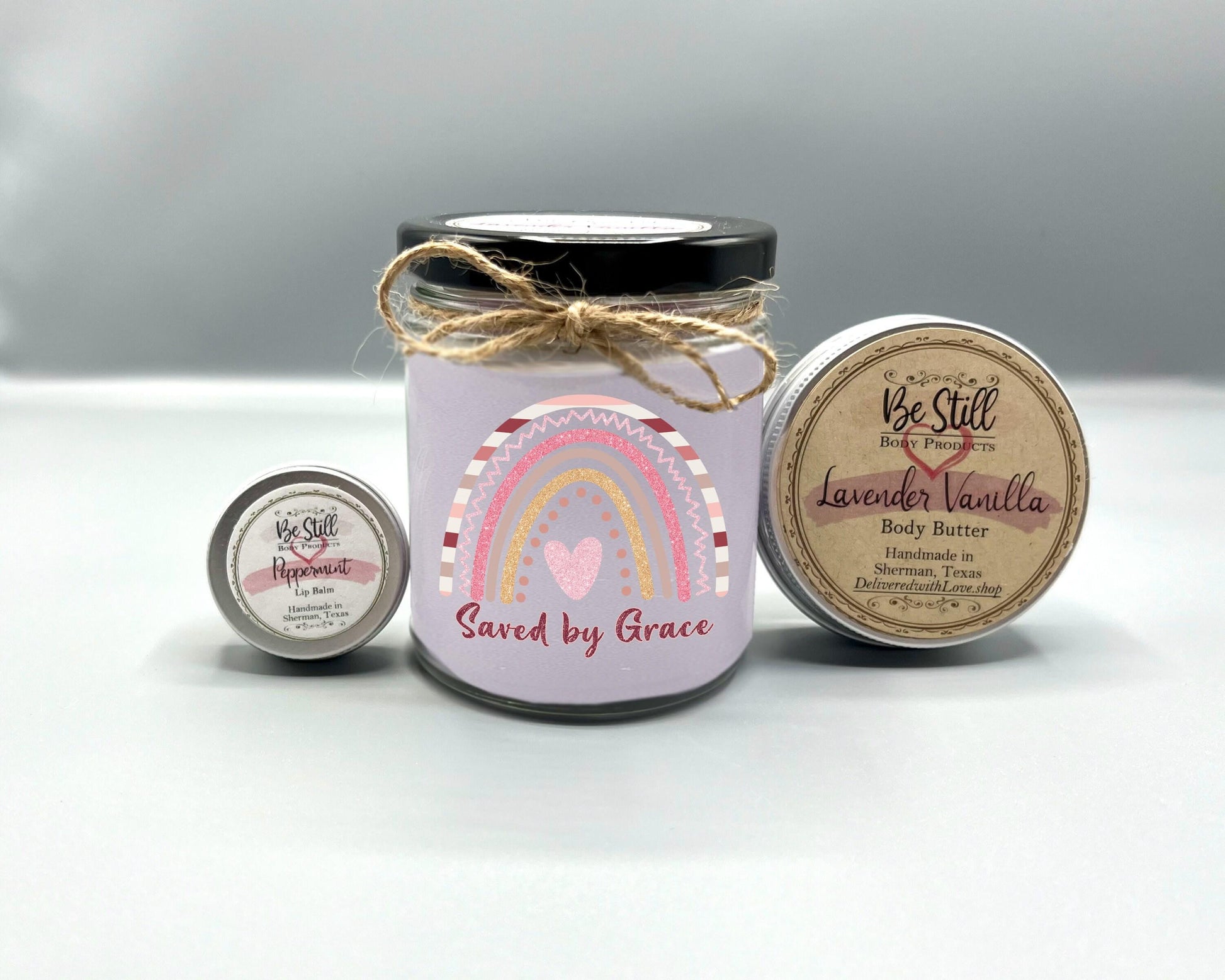 Christian T-Shirt Gift Box - Saved by Grace Candle, T-Shirt, Glass Can, and Handmade Spa Items
