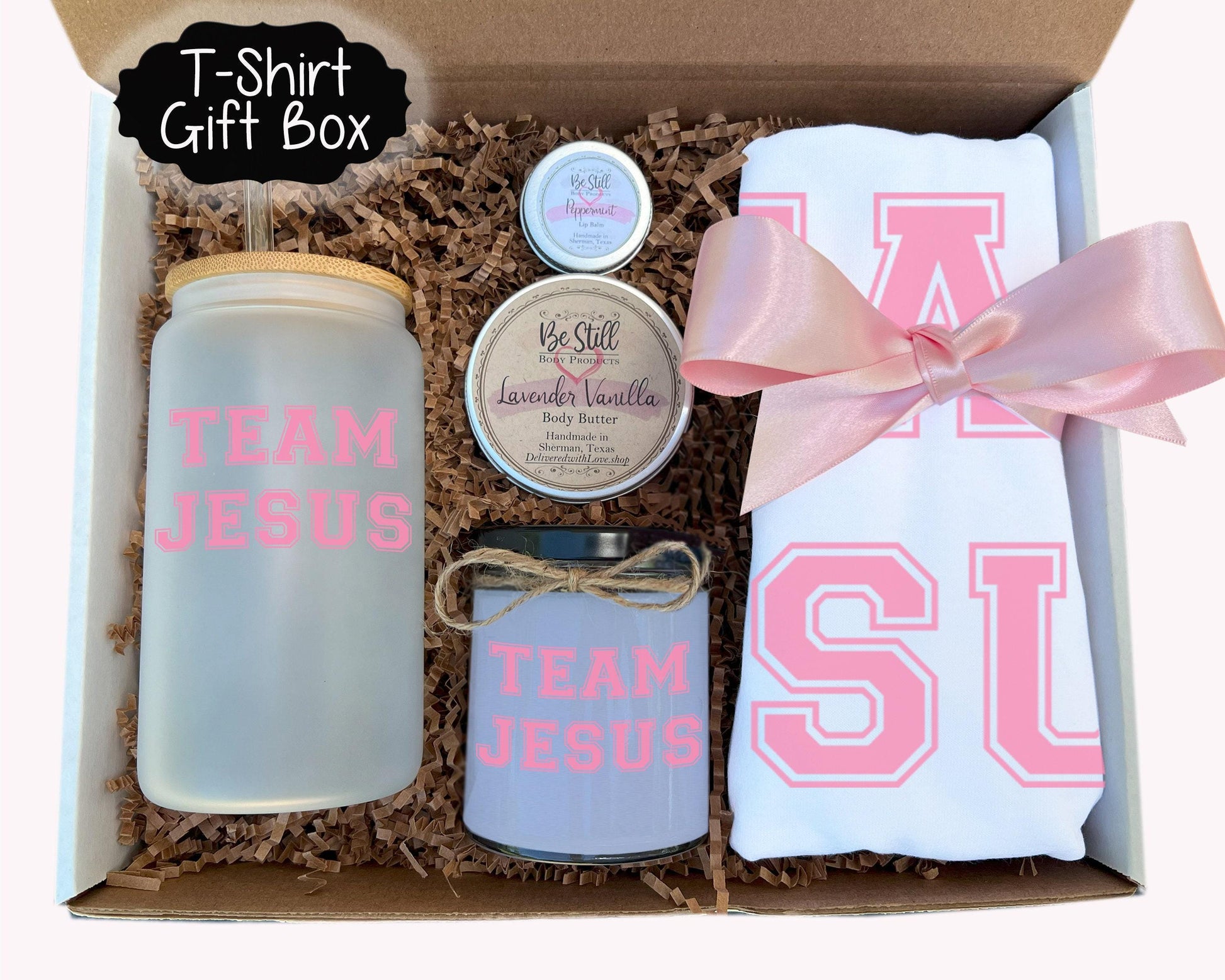 Christian T-Shirt Gift Box, Team Jesus Candle, Custom T-Shirt, Custom Tumbler | Spa Set | Christian Gift Box