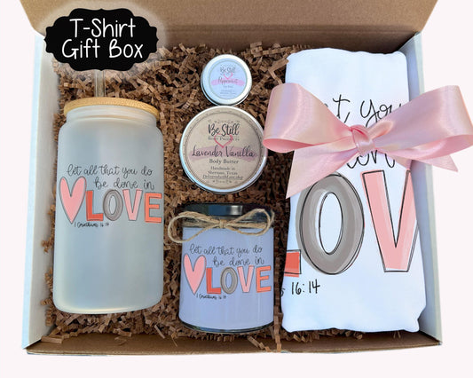 Christian T-Shirt Gift Set, Corinthians 16 14 Candle, T-Shirt, Glass Tumbler, Care Package with Inspirational Items