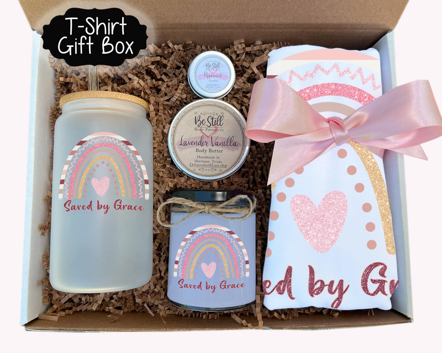 Christian T-Shirt Gift Set-  Saved by Grace with Candle, T-Shirt, Tumbler | Care Package | Spa Gift Box,