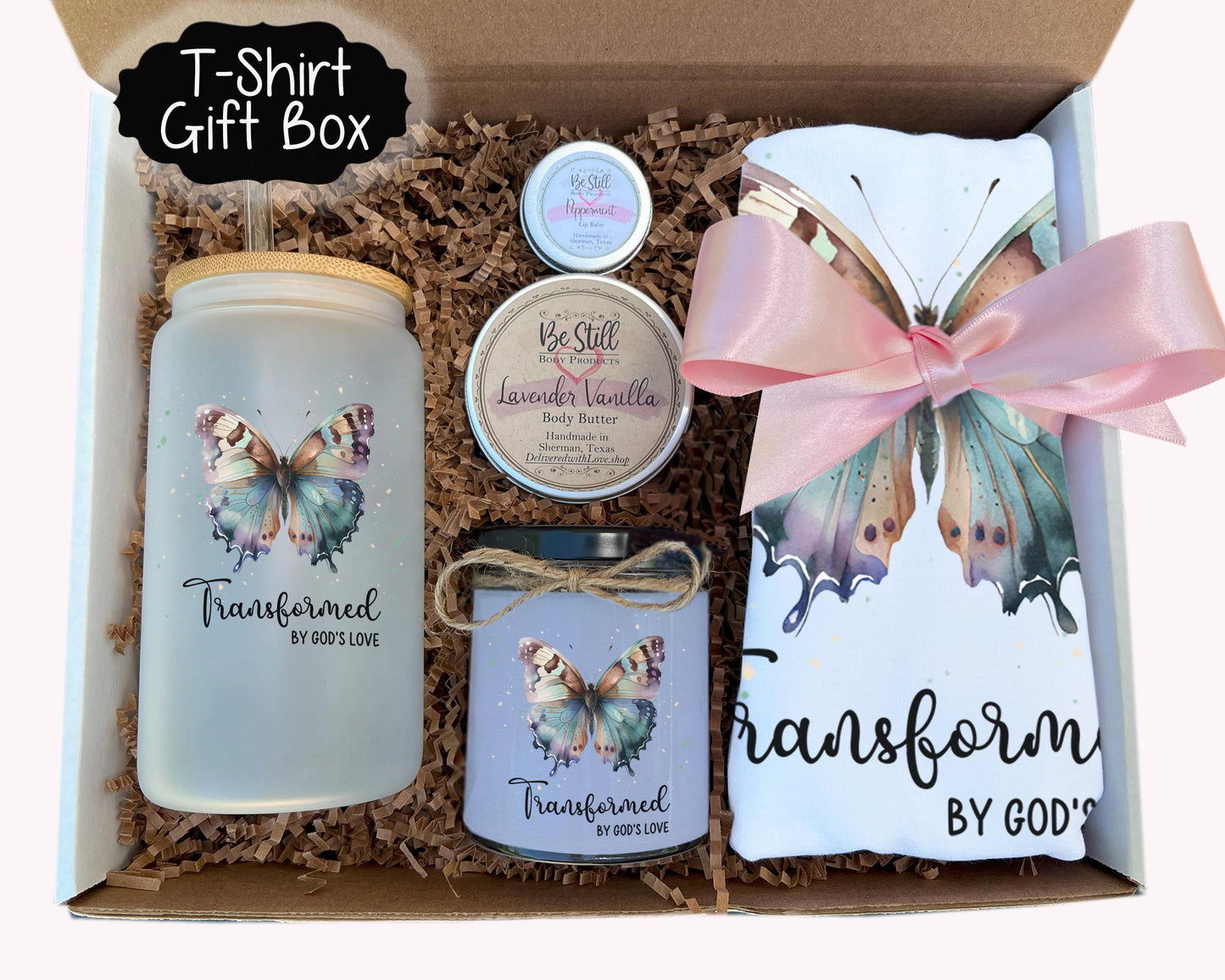 Christian T-Shirt Gift Set - Transformed by Gods Love, Candle, T-Shirt, Tumbler, Spa Items, Care Package, Spa Set