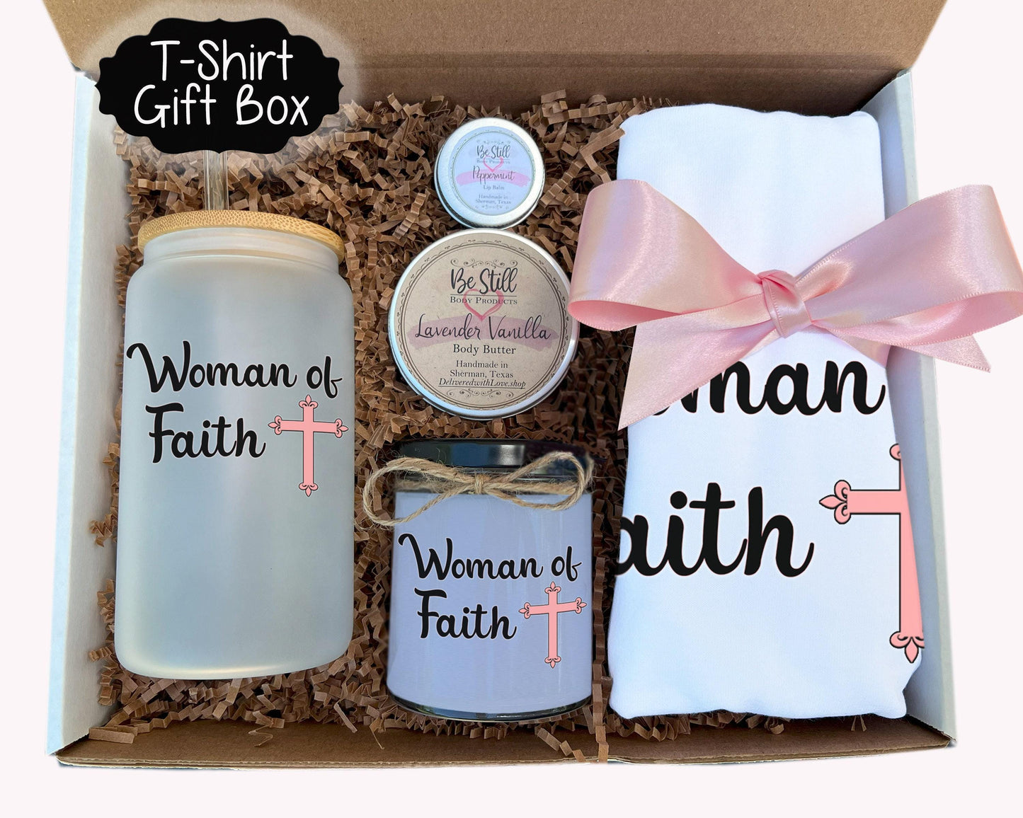 Christian Woman's Gift Box - Woman of Faith Candle, T-Shirt, Tumbler, Spa Set | Care Package for Her
