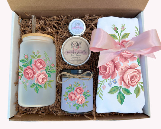Cottage Core Rose T-Shirt Gift Box with Custom Candle, T-Shirt, Tumbler and Spa Items - Handmade Gift - Perfect for You or as a Gift