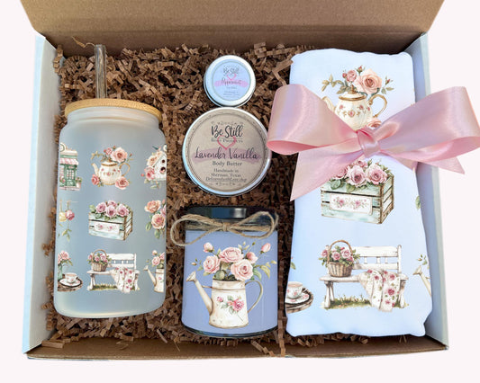 Cottage Core T-Shirt Gift Box with Custom Candle, T-Shirt, Tumbler and Spa Items - Handmade Gift - Perfect for You or as a Gift