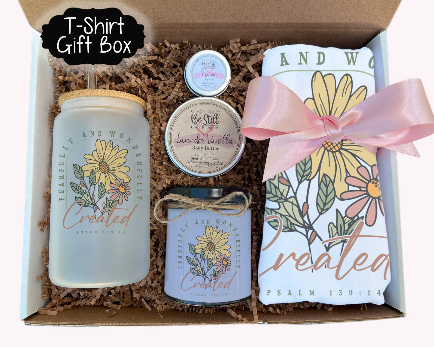 Fearfully Created Christian Gift Box - Psalm 139 14 Candle, T-Shirt, Tumbler, Spa Items, Care Package for Her