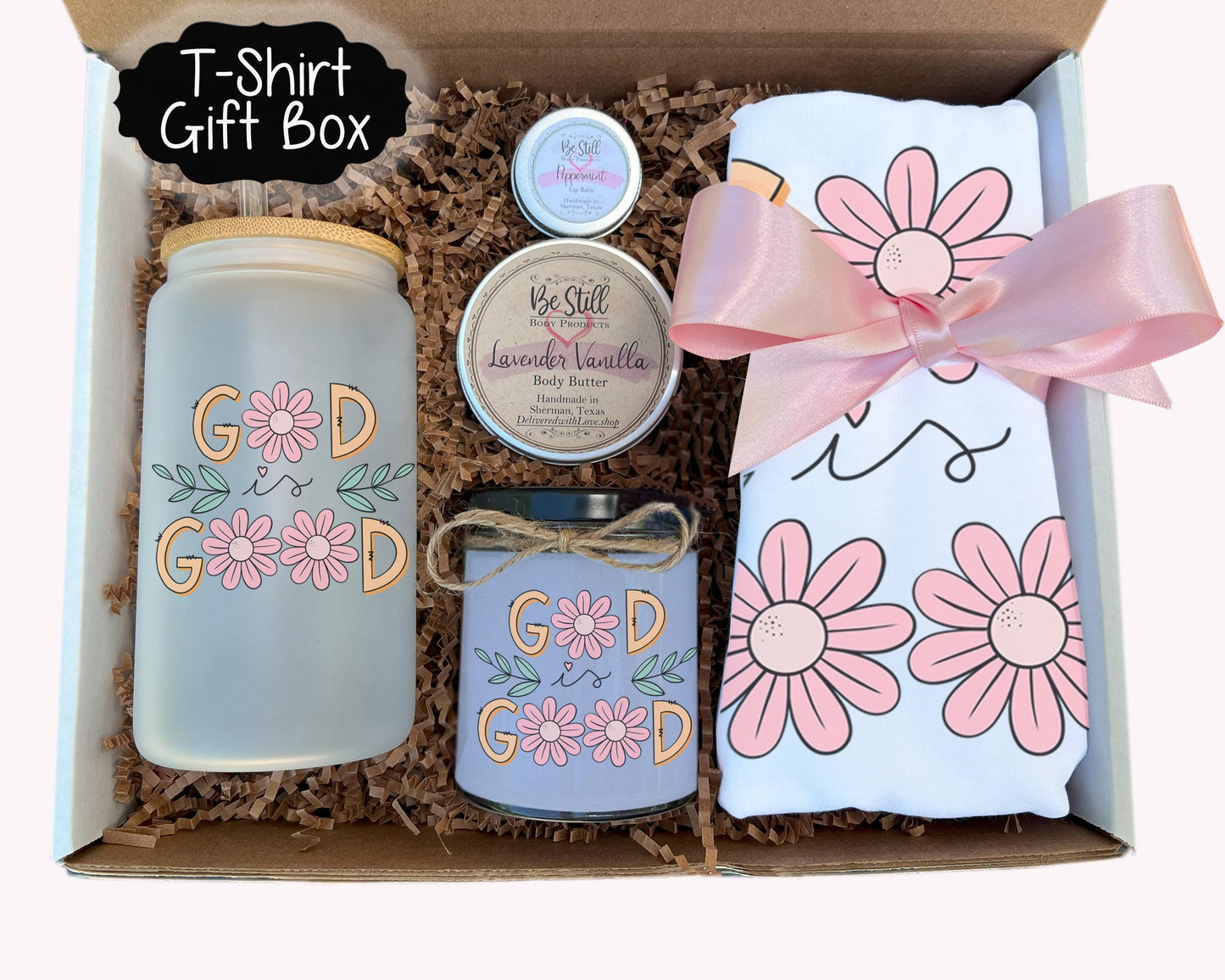 God is Good Gift Box - Christian Candle, T-Shirt, Glass Can, Spa Set - Personalized