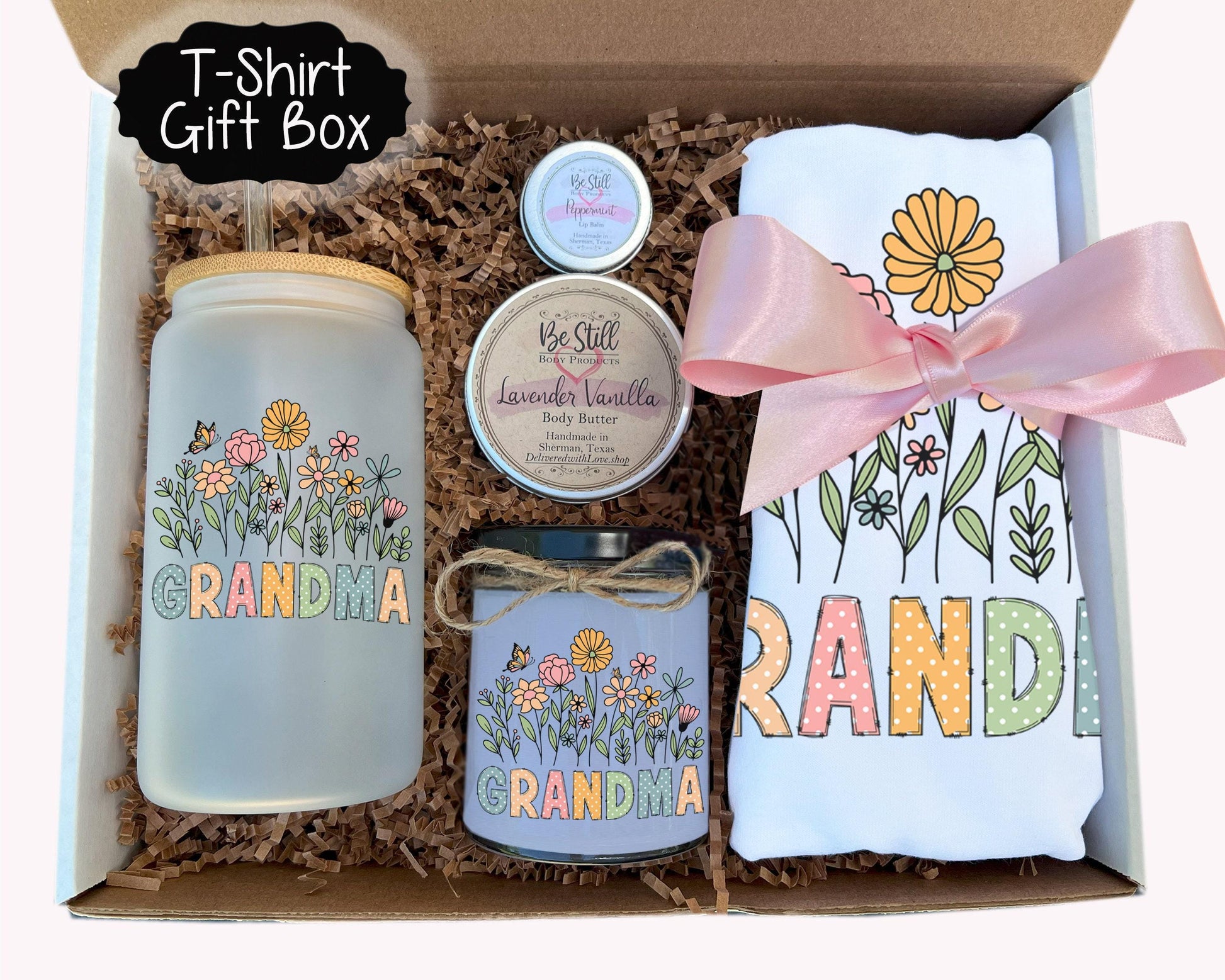 Grandma T-Shirt Gift Set- T-Shirt, Candle, Glass Can, Handmade Spa Items-  Perfect Gift for Grandma - Personalized and Handmade
