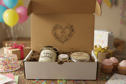HAPPY BIRTHDAY BOX | Birthday Candle | Candle Gift Box | Care Package for Her | Organic Body Butter, Organic Lip Balm, Custom Candle