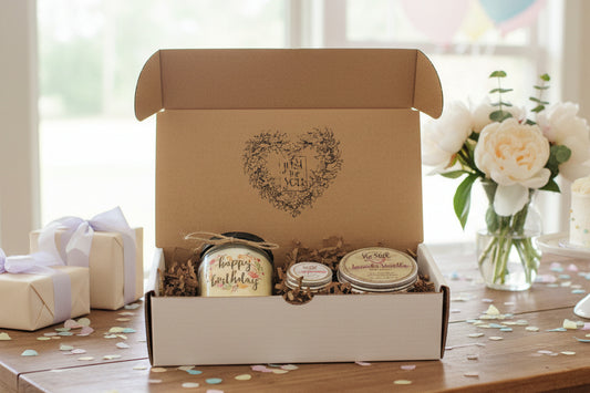 HAPPY BIRTHDAY BOX | Birthday Candle | Candle Gift Box | Care Package for Her | Organic Body Butter, Organic Lip Balm, Custom Candle