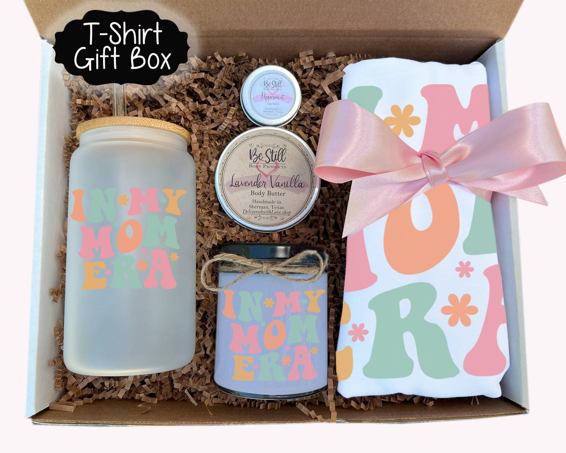 In My Mom Era Gift Box- Custom Candle, T-Shirt, Glass Can and Handmade Spa Items, In My Era Gift