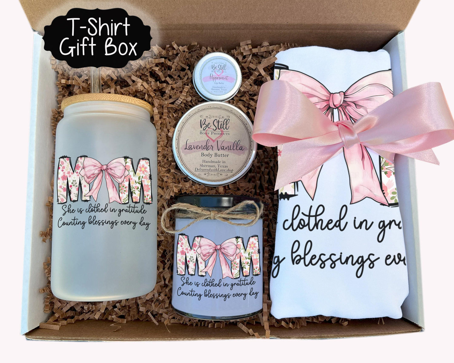 Mom Coquette Gift Box - Pink Bow Candle, T-Shirt, Glass Can, Spa Items