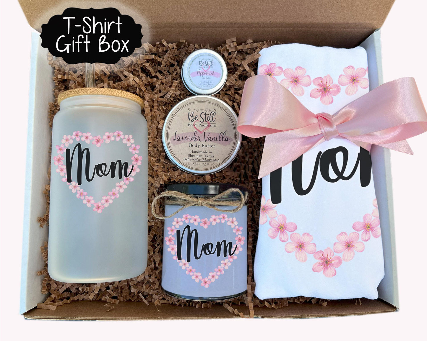 Mom Gift Box, T-Shirt, Candle, Glass Can, Handmade Spa Items, Care Package for Her, Gift for New Mother